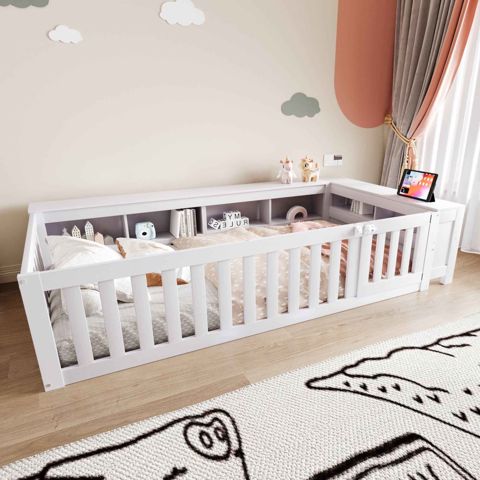 Multifunctional Children's Bed 90 x 200 cm, Storage, Safety Gate, Solid Wood, White