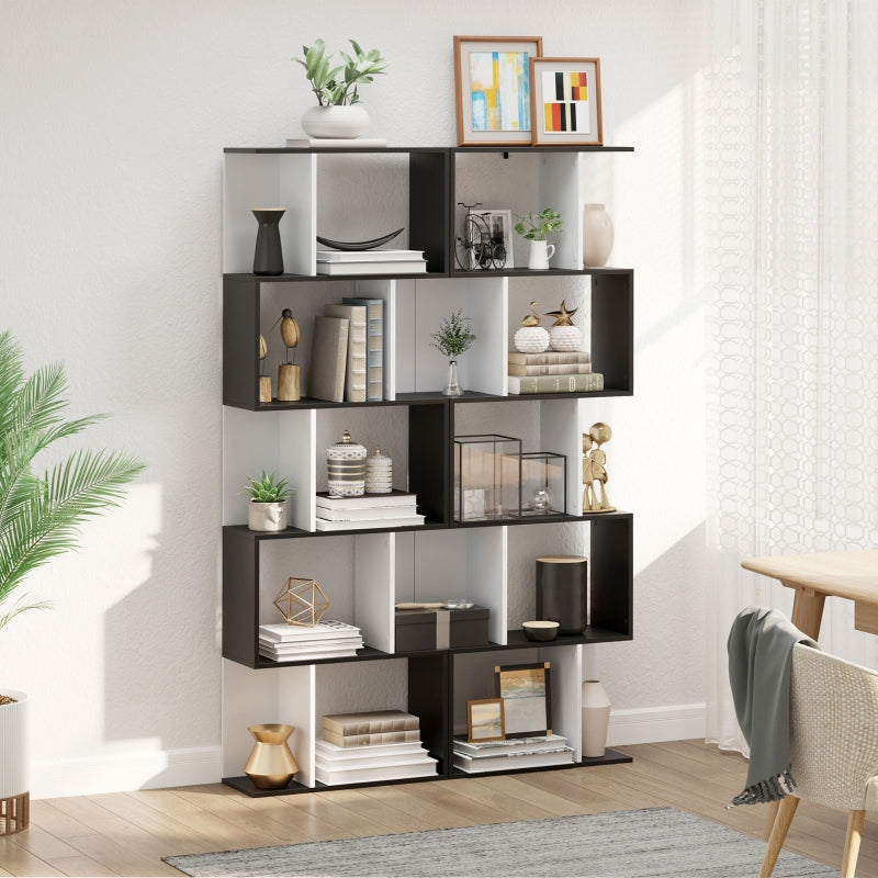 Bookcase S-Shaped 5/6 Tiers Freestanding Display Storage Rack, Wooden Black and White