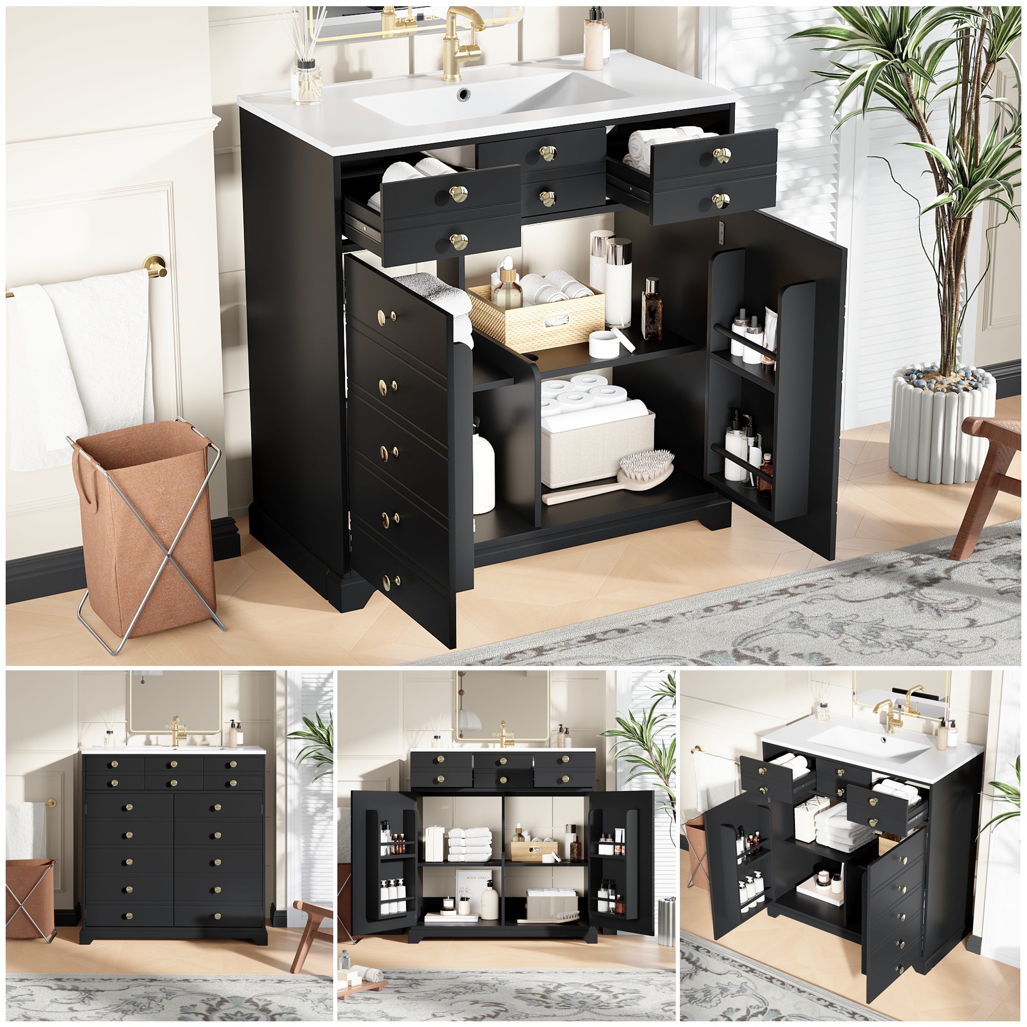 Bathroom Vanity Unit with Ceramic Sink and Storage Drawers, Black and Gold
