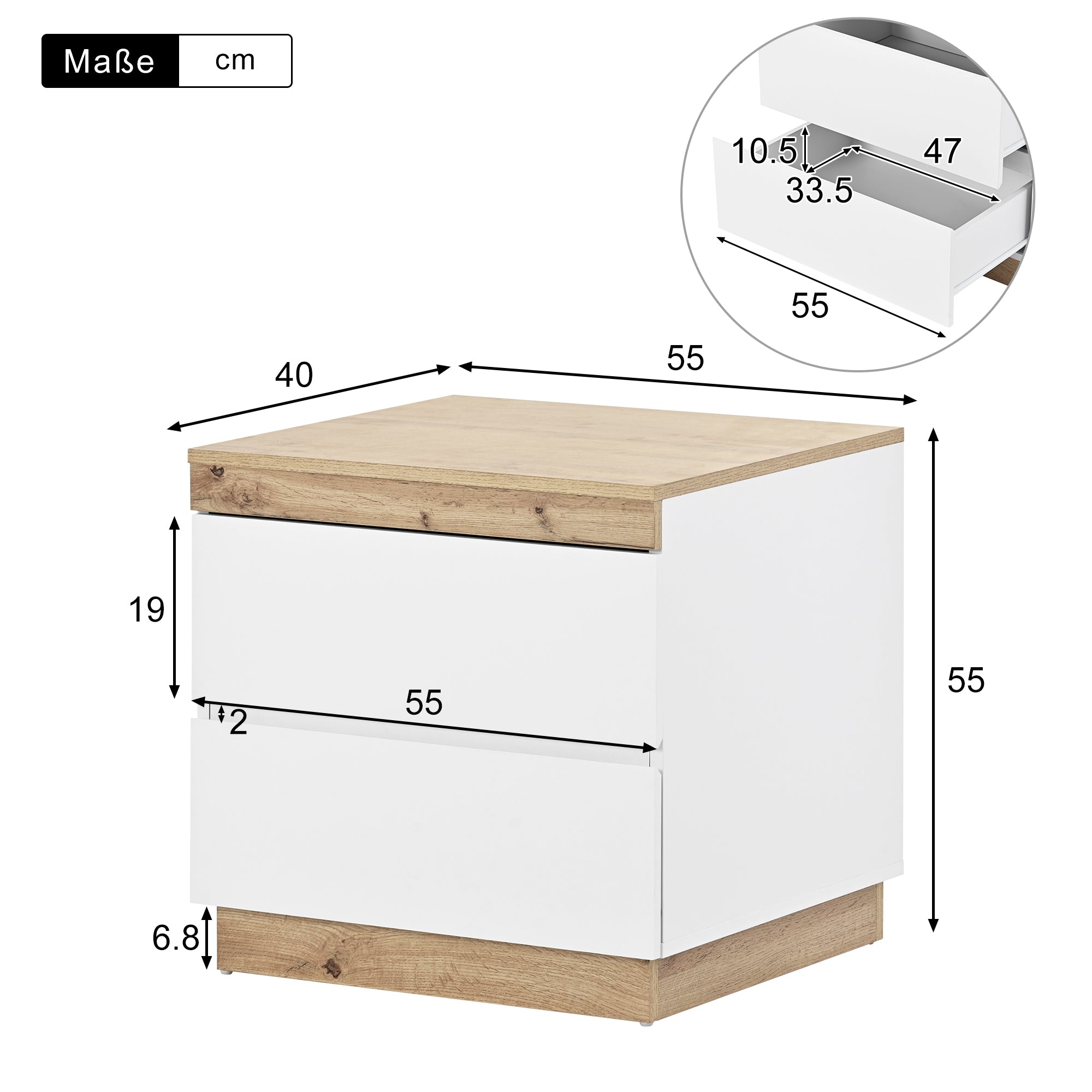 Nightstand 2 Drawers Storage - White/Oak E1 Chipboard