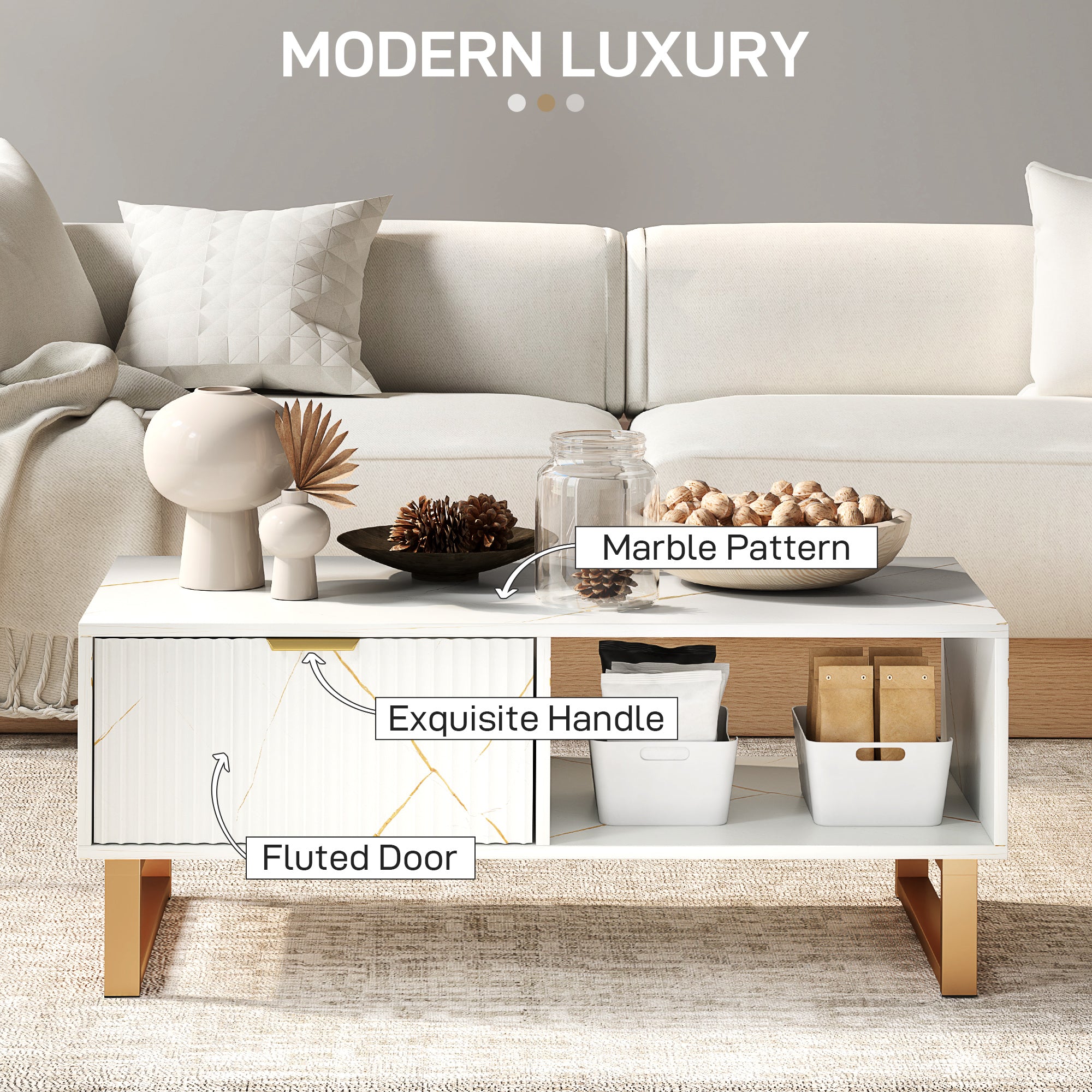 Elegant Coffee Table with Storage, Marble Effect - White