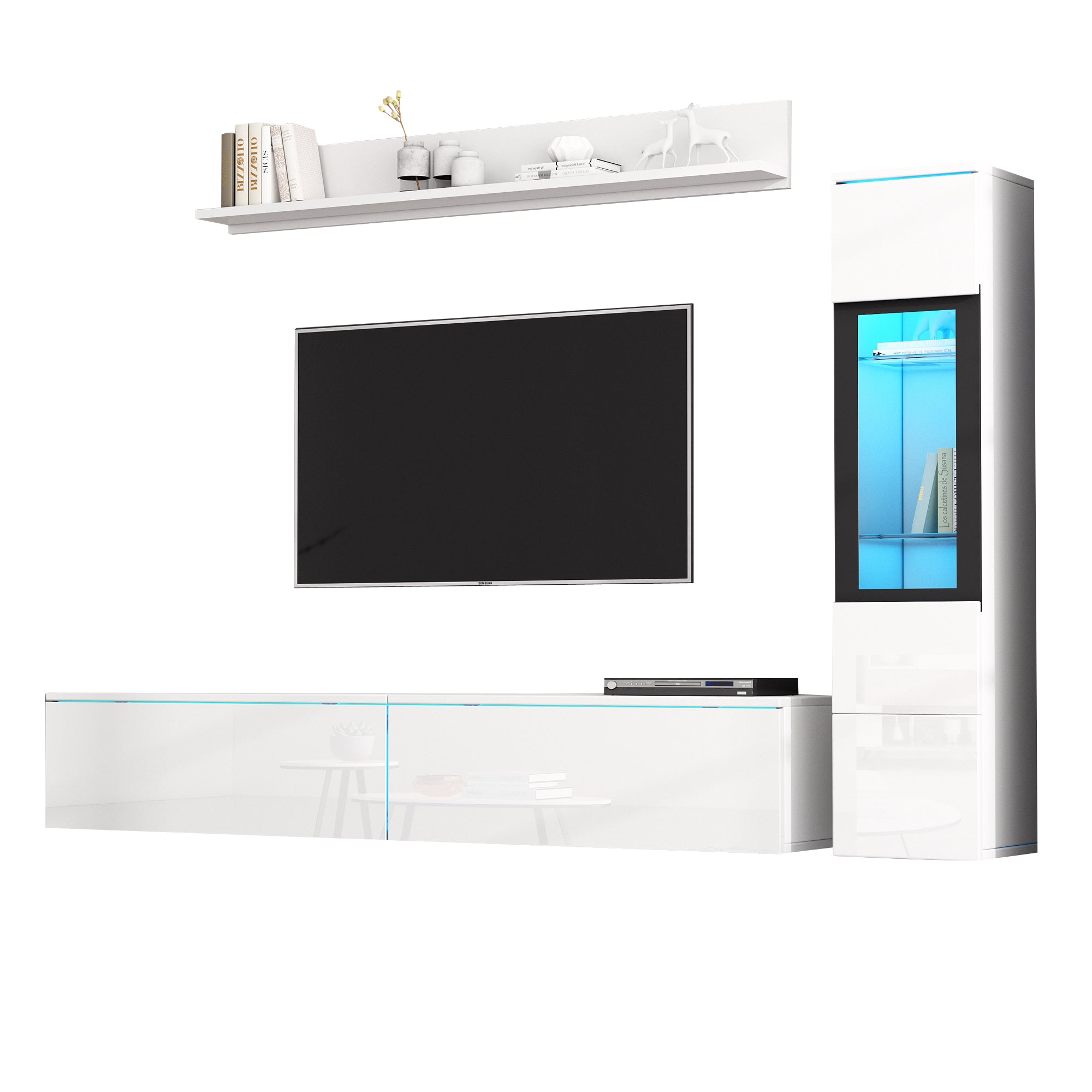 TV Wall Unit Set, 3-Piece LED Lighting, High Gloss White