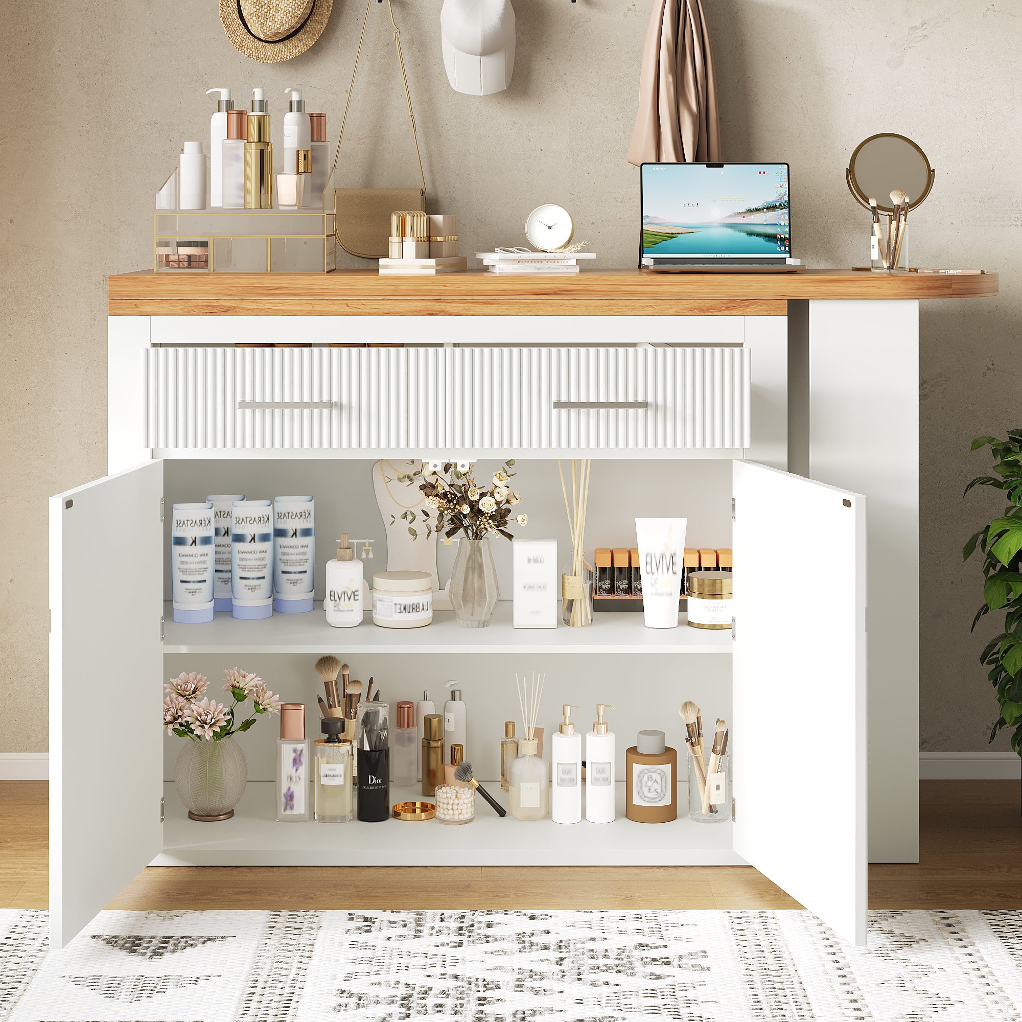 Extendable Bar Table Telescopic Movable Storage Drawer Shelves - White