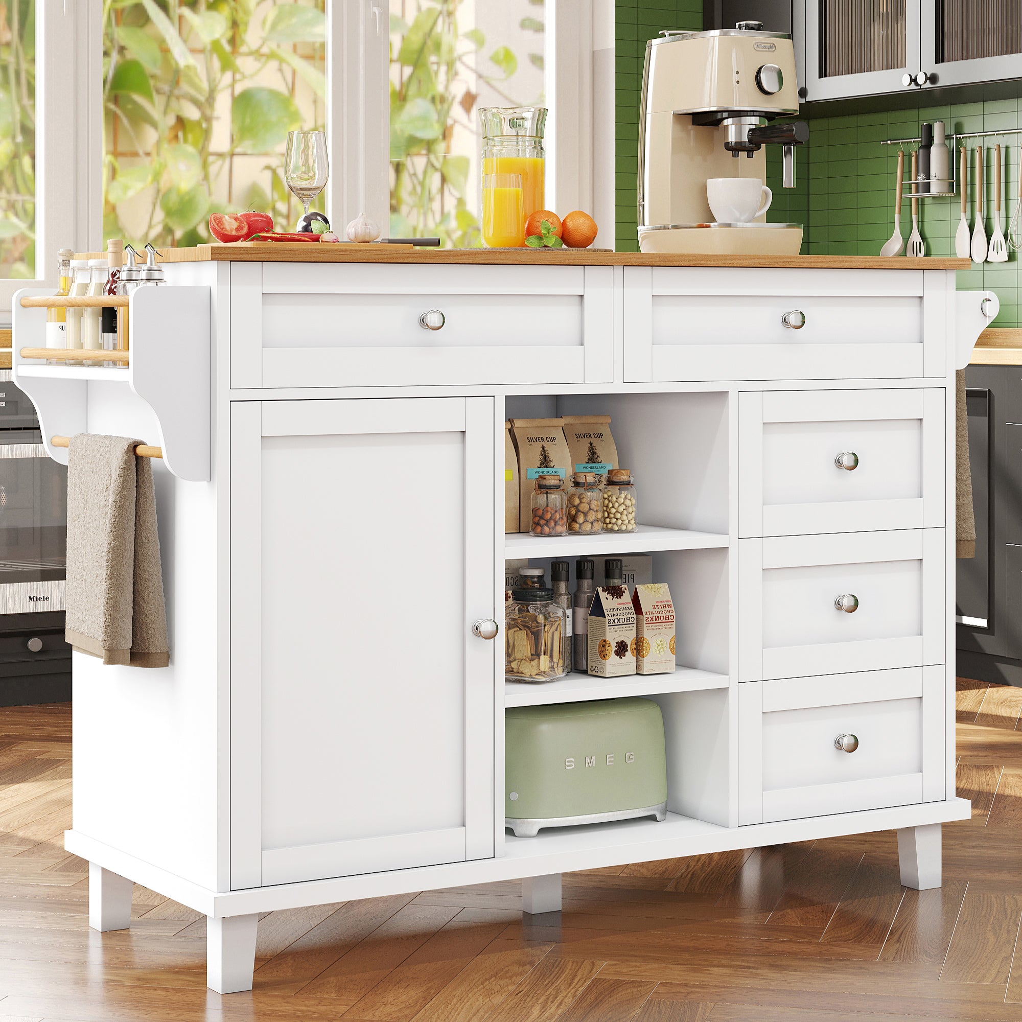 Dining Trolley, 134x46x92cm Drawer & Cabinet Storage, Mobile/Stationary Dual-Use, White