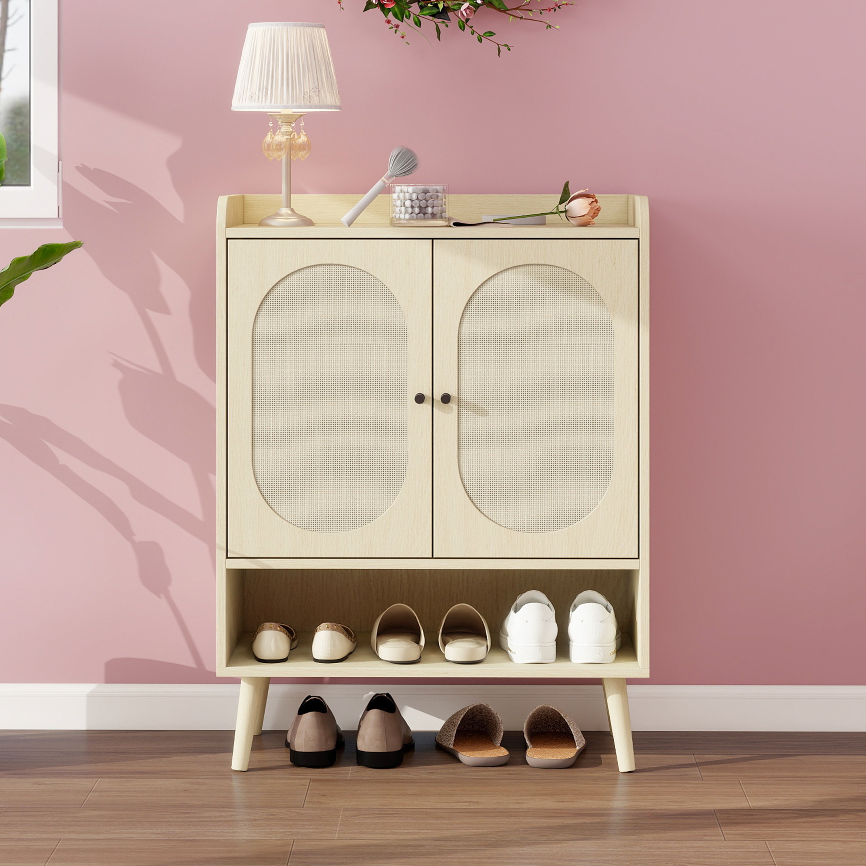 Shoe Cabinet with Double Doors, Storage & Open Shelf, Natural Rattan