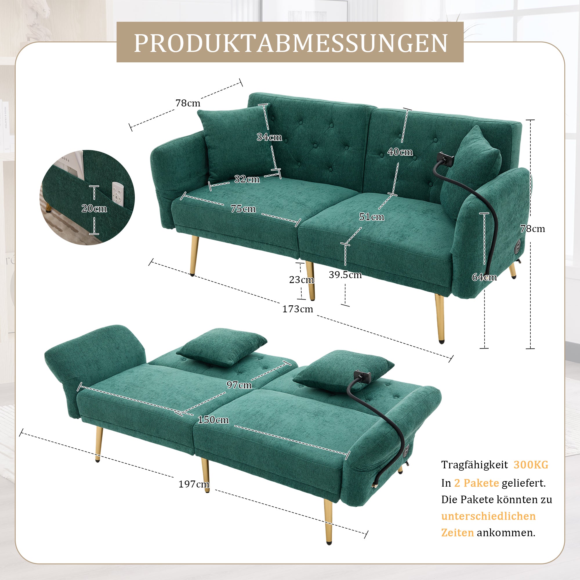 Sofa Bed, Multifunctional Folding with USB & Storage, Metal Legs