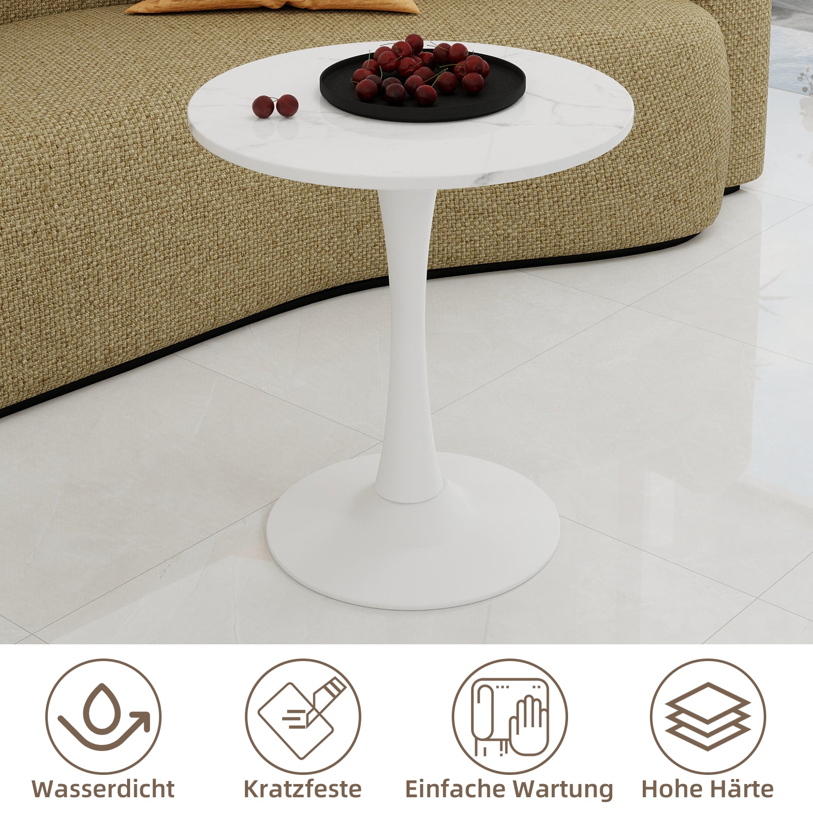 Coffee Table 27.6-inch Round Marble Mid-Century Modern 2-4 Person White Finish