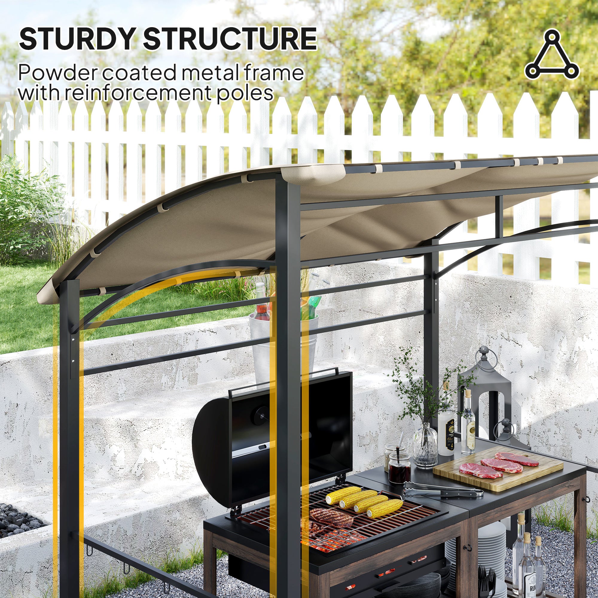 BBQ Grill Gazebo Tent 2.2x1.5m Metal Frame Curved Canopy 10 Hooks, Khaki