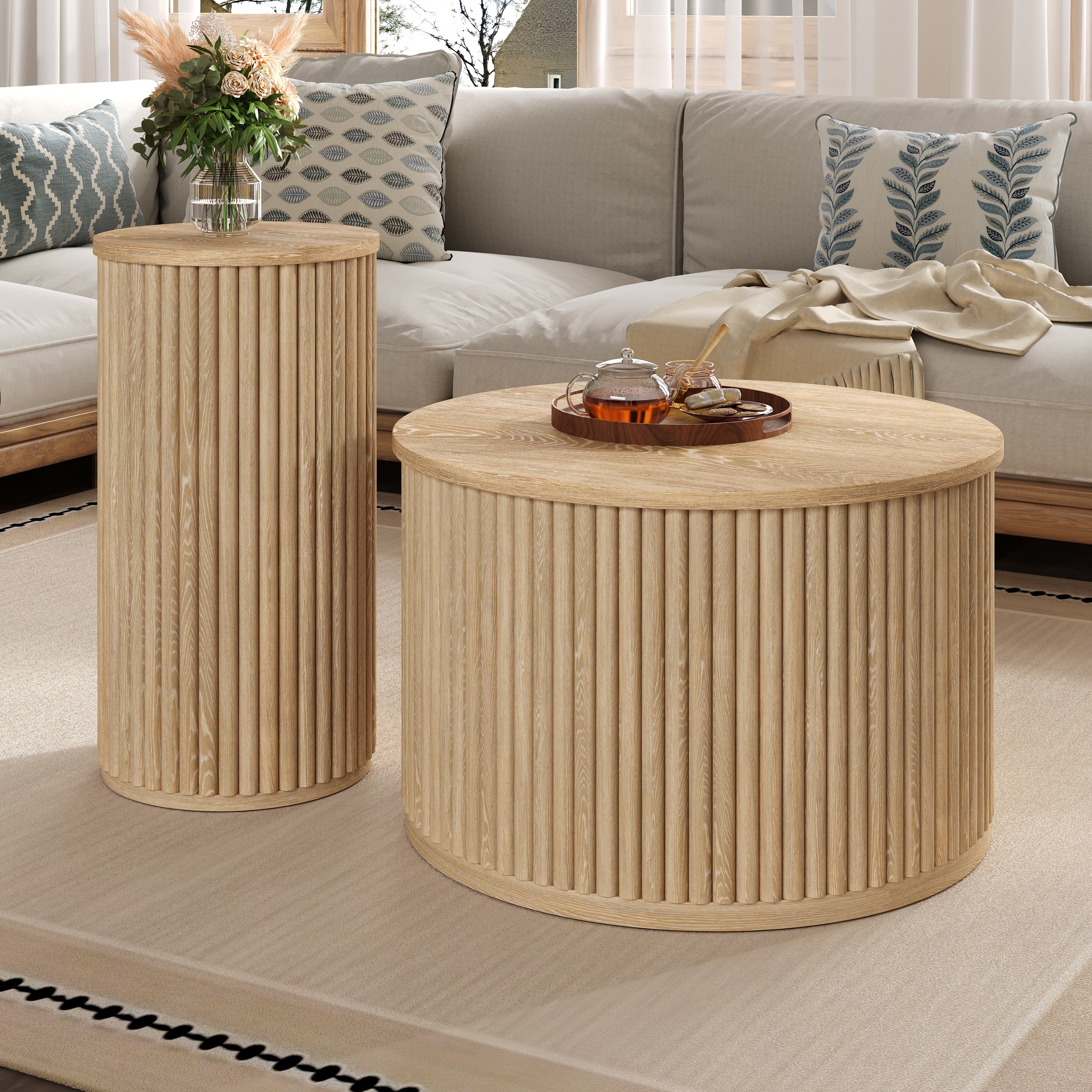 Coffee Table Double Round Slatted - Natural Wood