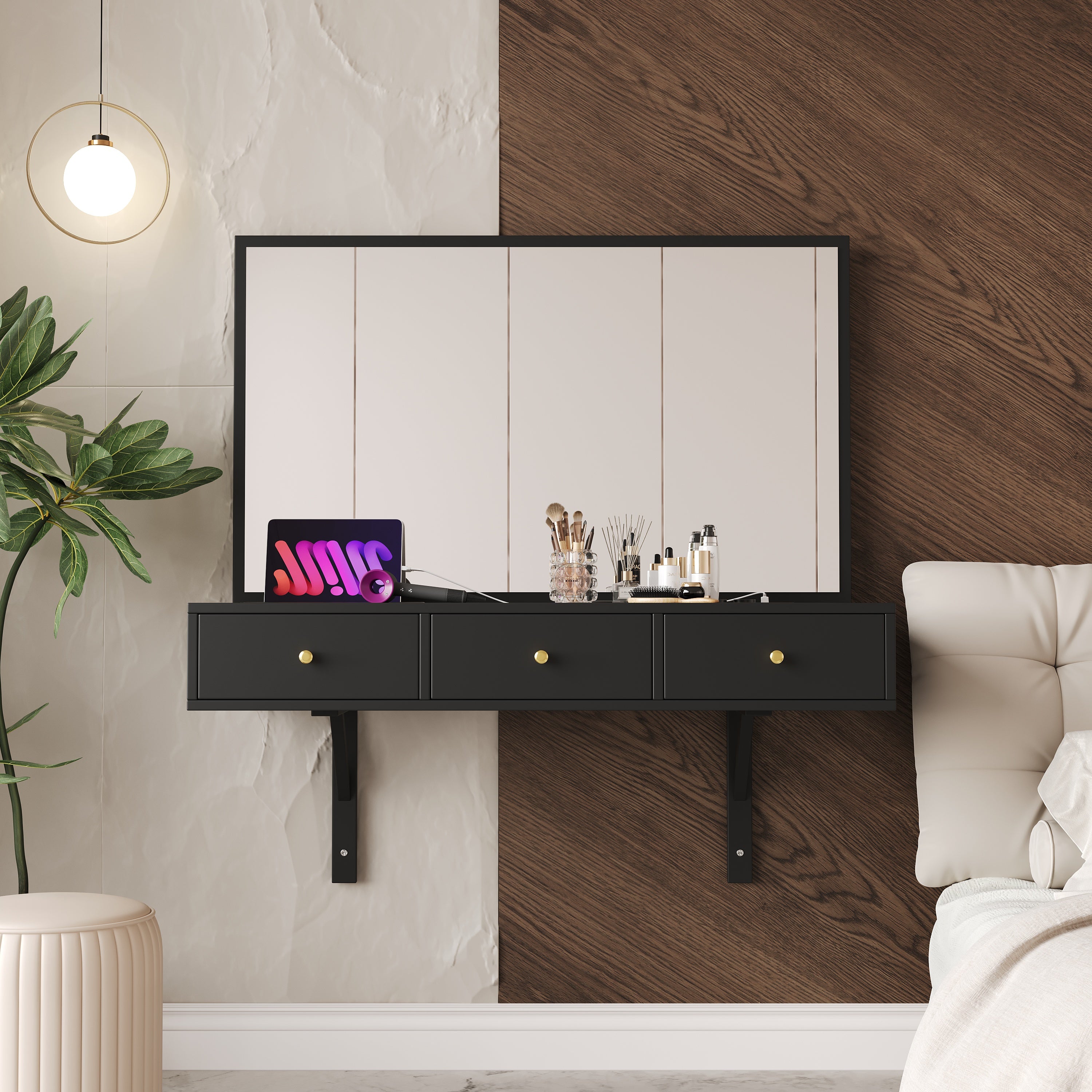 Wall-Mounted Vanity Table with Mirror, 3 Drawers, Power Outlets, Tablet/Card Slot, Drink Holder, Black