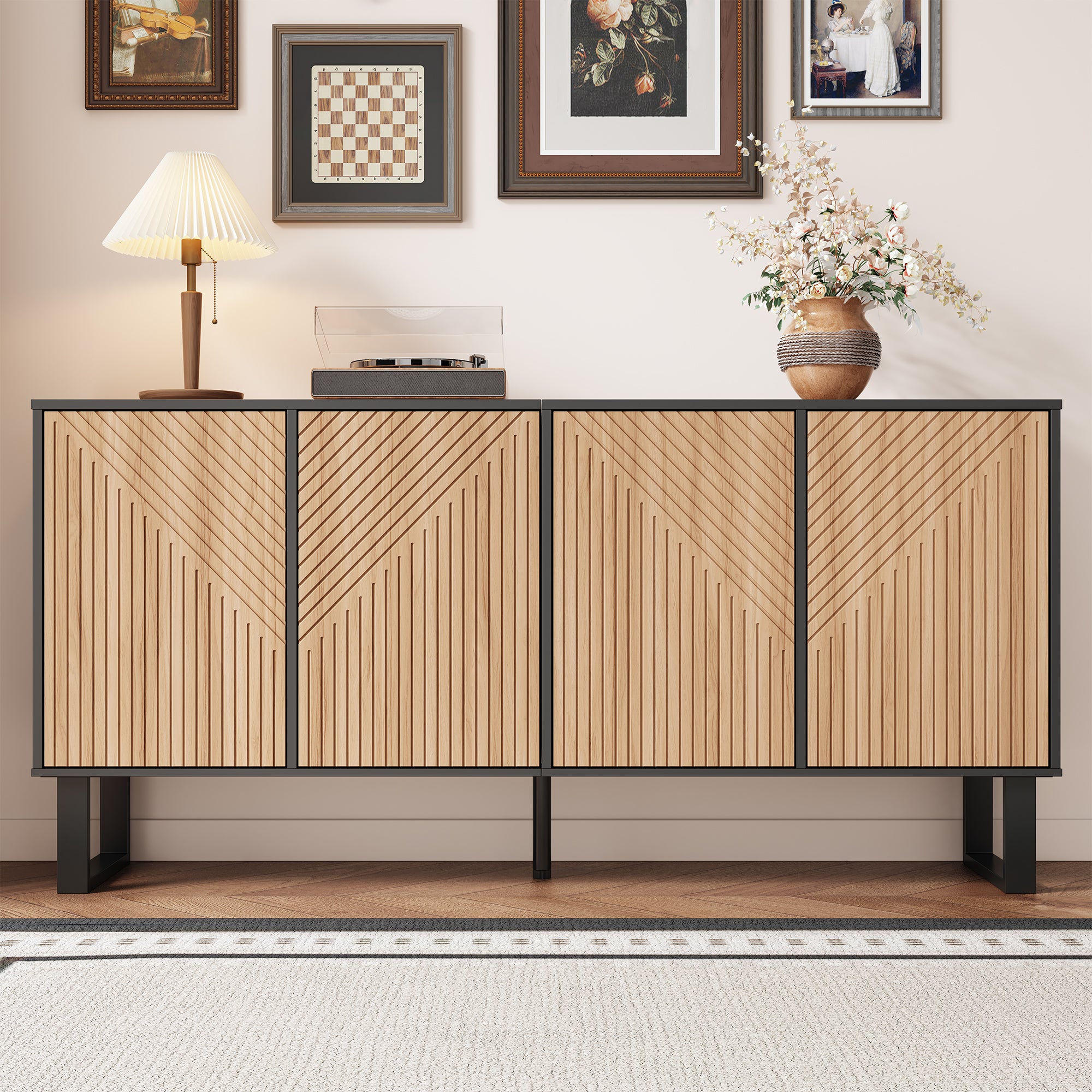 Sideboard, Minimalist with 3D Striped Front and Extra Large Storage, Black Wood Grain