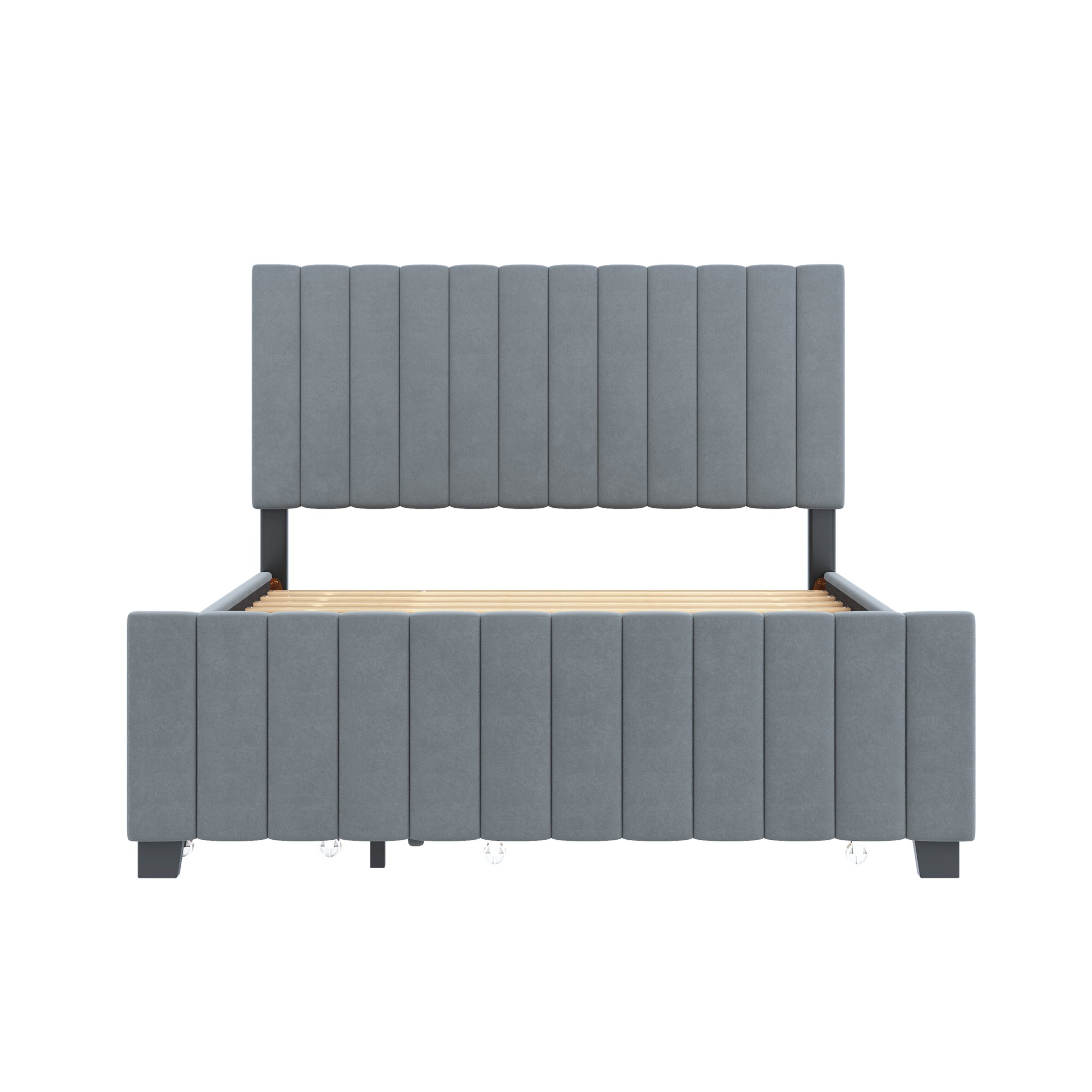 Upholstered Bed 140x190cm, Pull-Out & 2 Drawers, Velvet, Gray