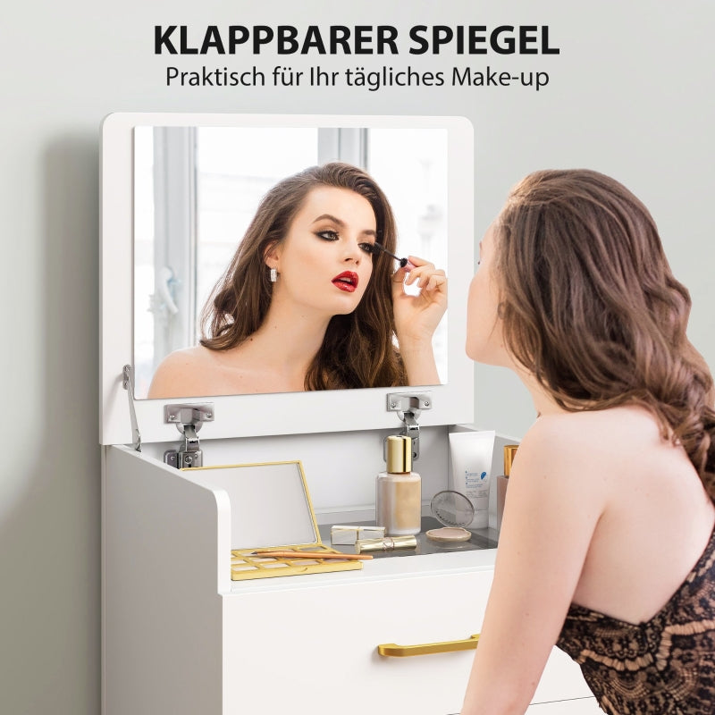 3-in-1 Dressing Table with Mirror, Bedside Table, Rolling Stool, Drawers, White