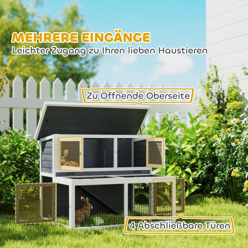 Rabbit Hutch, 2 Levels Foldable Roof Winterproof Solid Wood, Gray