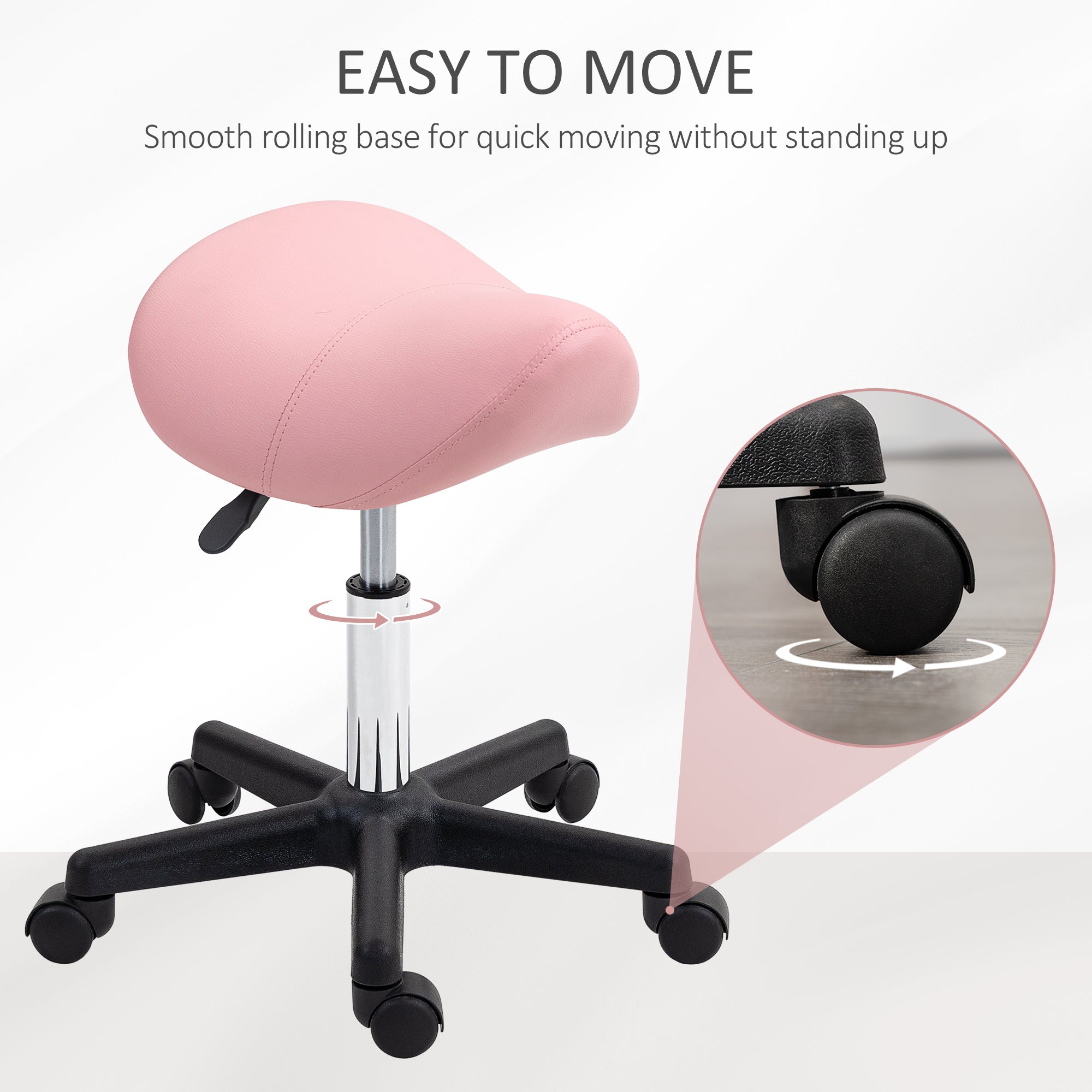 Saddle Stool, Adjustable Rolling Salon Chair, Pink PU Leather