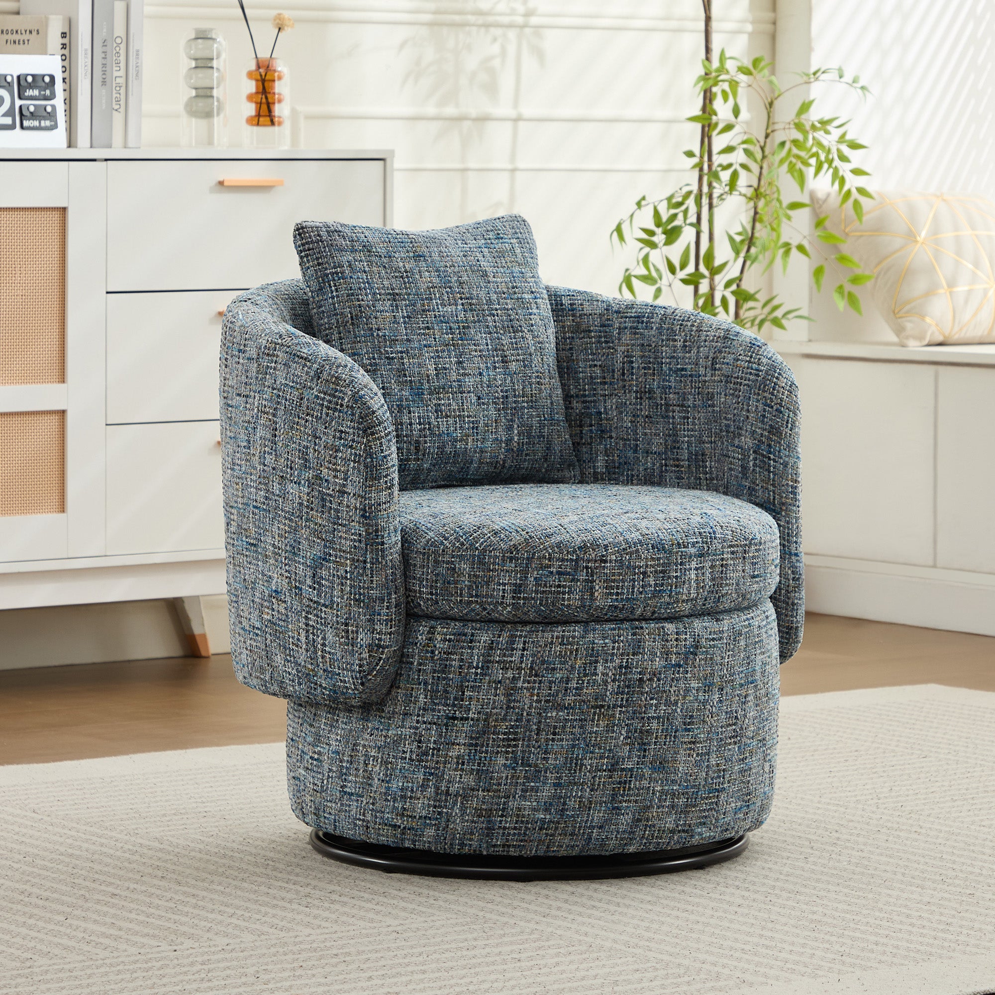 028 Swivel Armchair, 360° Rotating Accent Chair with Hidden Storage, Blue