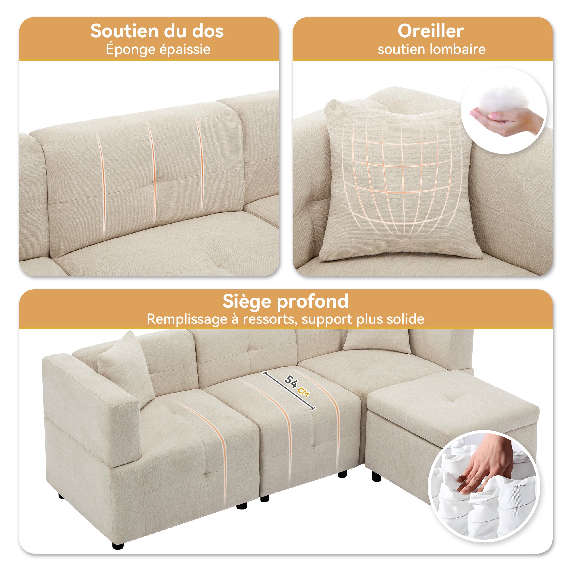 Sofa, 3-Seater L-Shaped Corner with Storage & Removable Footstool, 2 Cushions