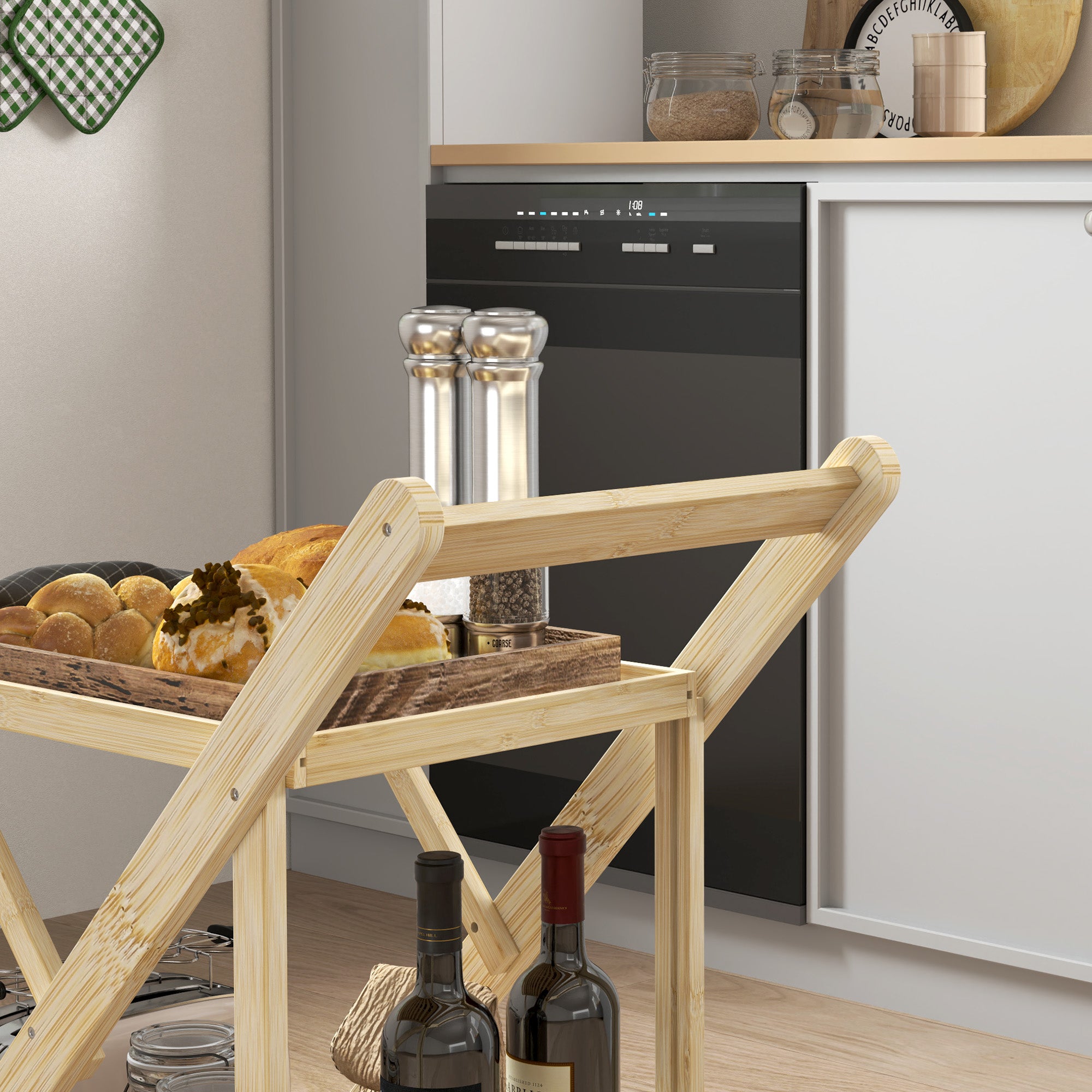 Kitchen Cart with Wine Rack, 2-Level Rolling, Bamboo Natural