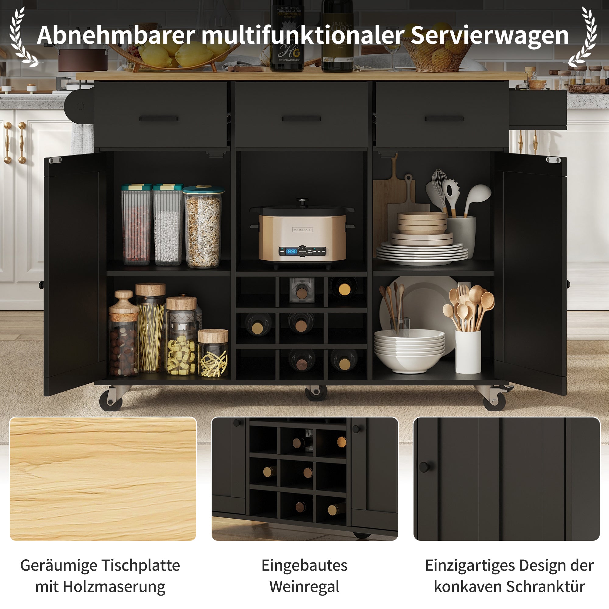 Dining Trolley Mobile Removable Worktop Spice Rack Adjustable Storage - Wood Grain Black