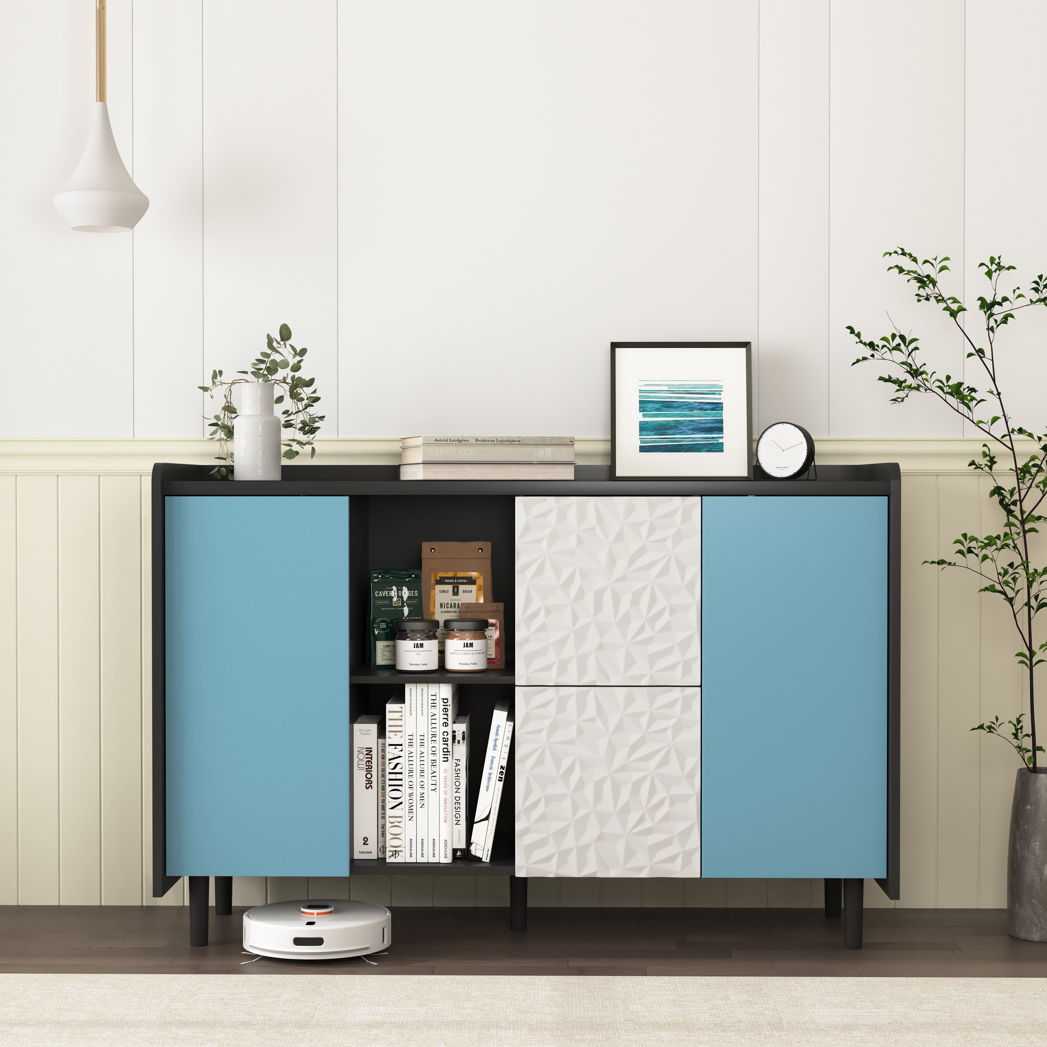 Sideboard Buffet Cabinet with Unique Panel Blue Doors, 2 Drawers Open Storage, Black