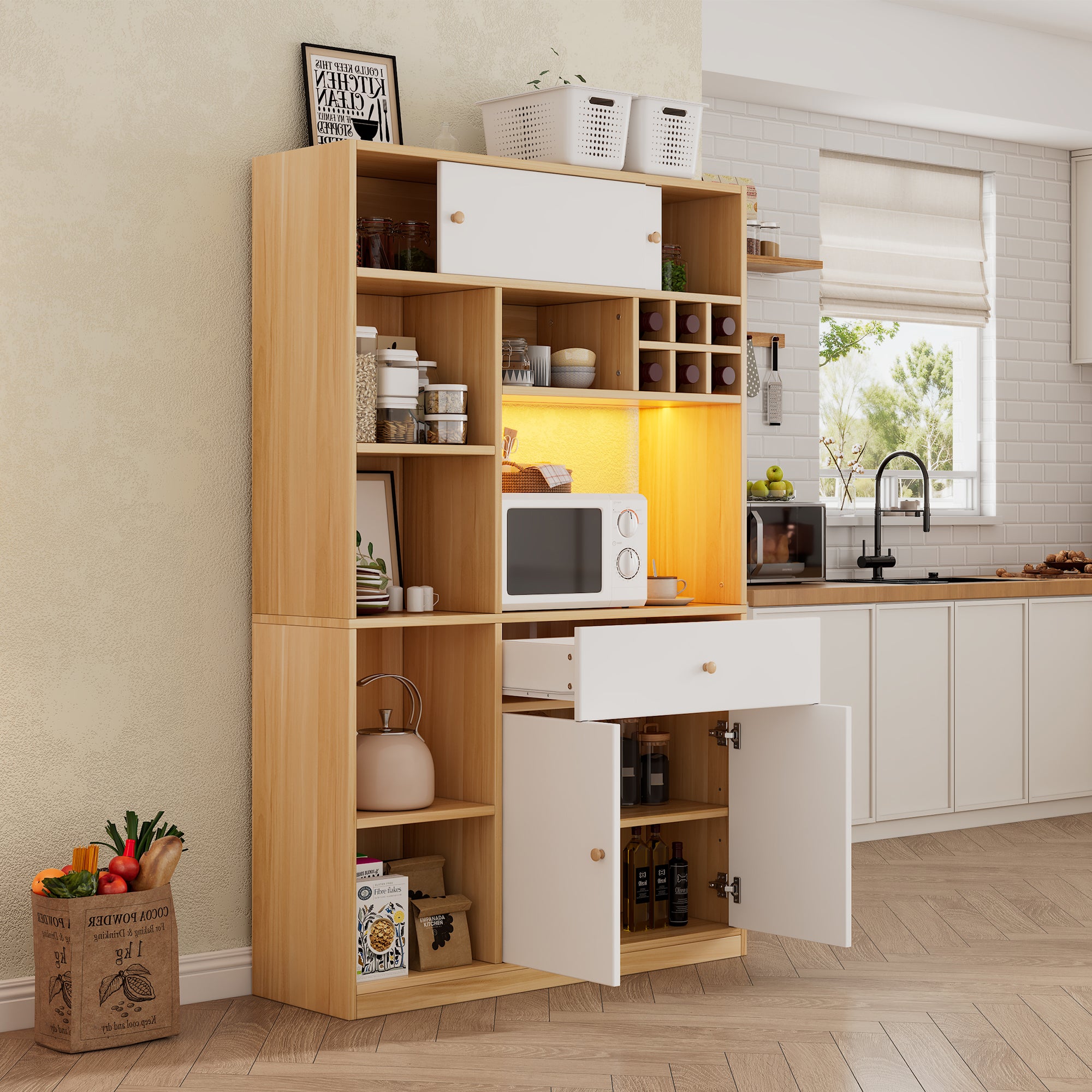 Kitchen Buffet Cabinet LED 1 Drawer 3 Doors Shelves 115x180cm