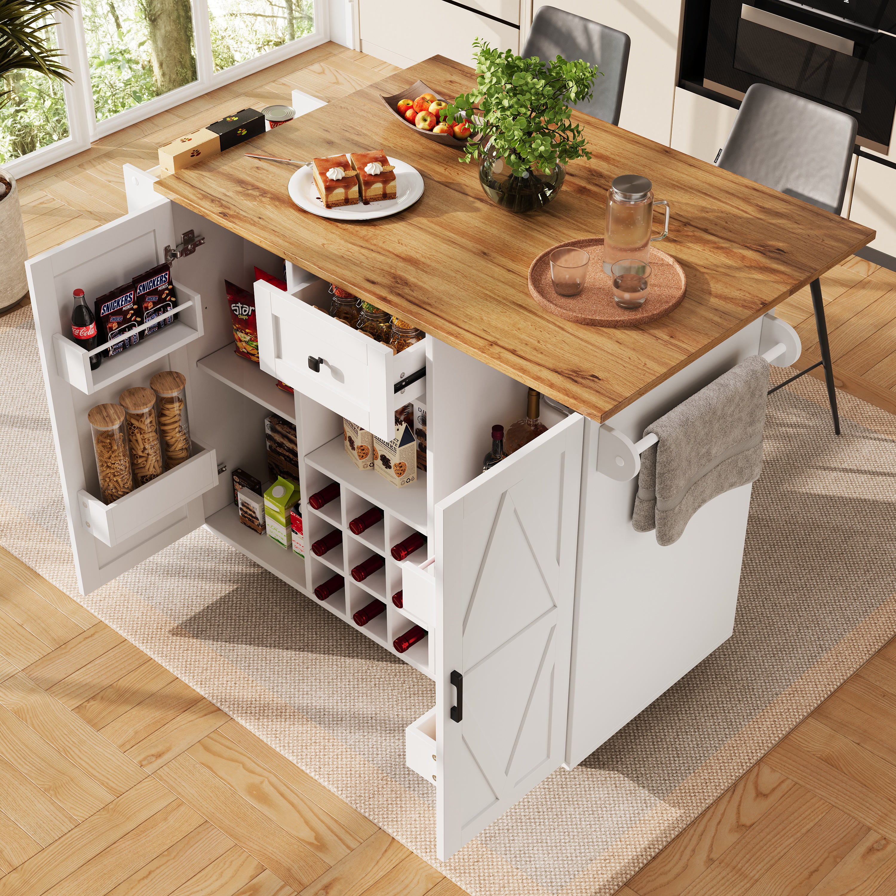 Modern Kitchen Island, Multifunctional Dining Table with Storage, Wood Grain