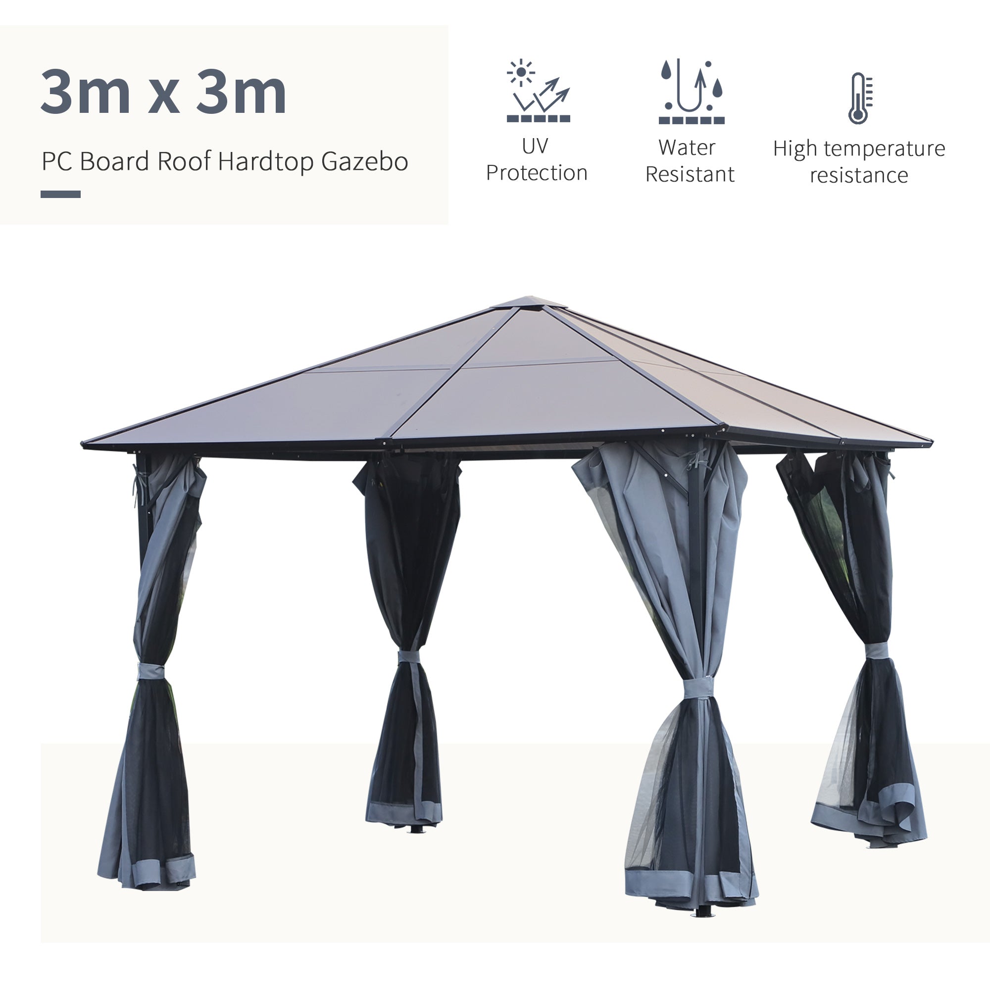 Hardtop Gazebo, 3m x 3m Metal Frame Mesh Draped, Grey