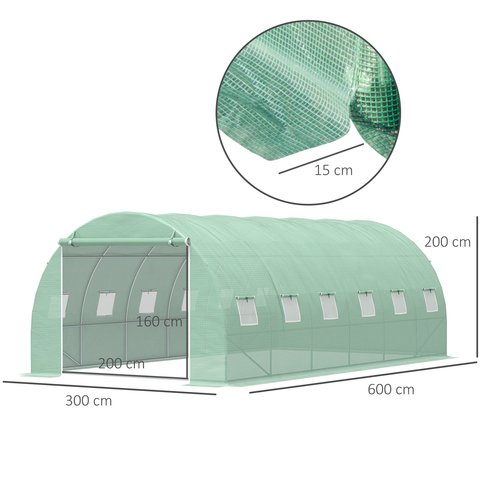 Polytunnel Greenhouse 6x3x2m Roll-up Door, 12 Mesh Windows, Green PE Cover