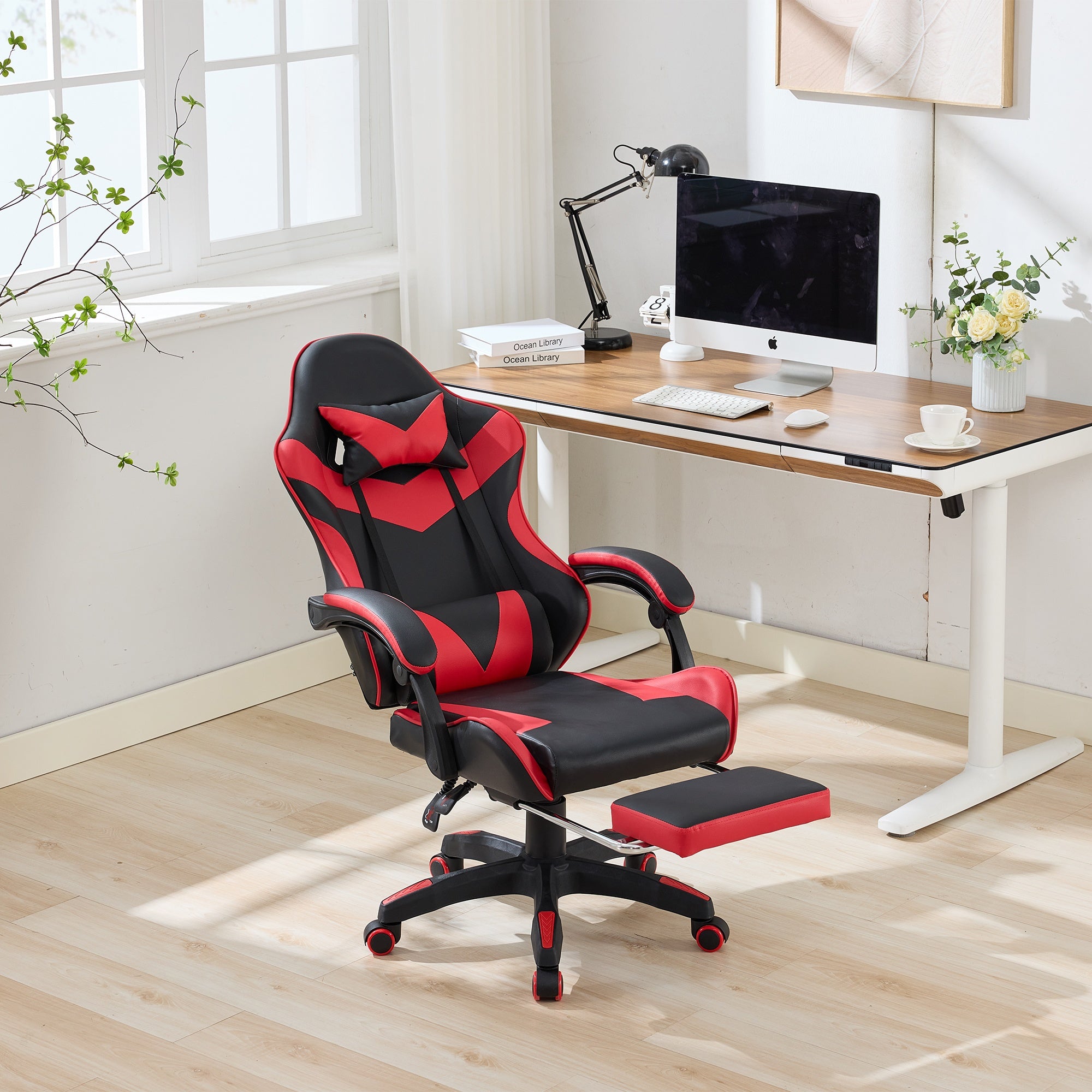 360° Swivel Gaming Chair Ergonomic Racing Design High-Back Height-Adjustable with Footrest and Lumbar Support – Black & Red Leather