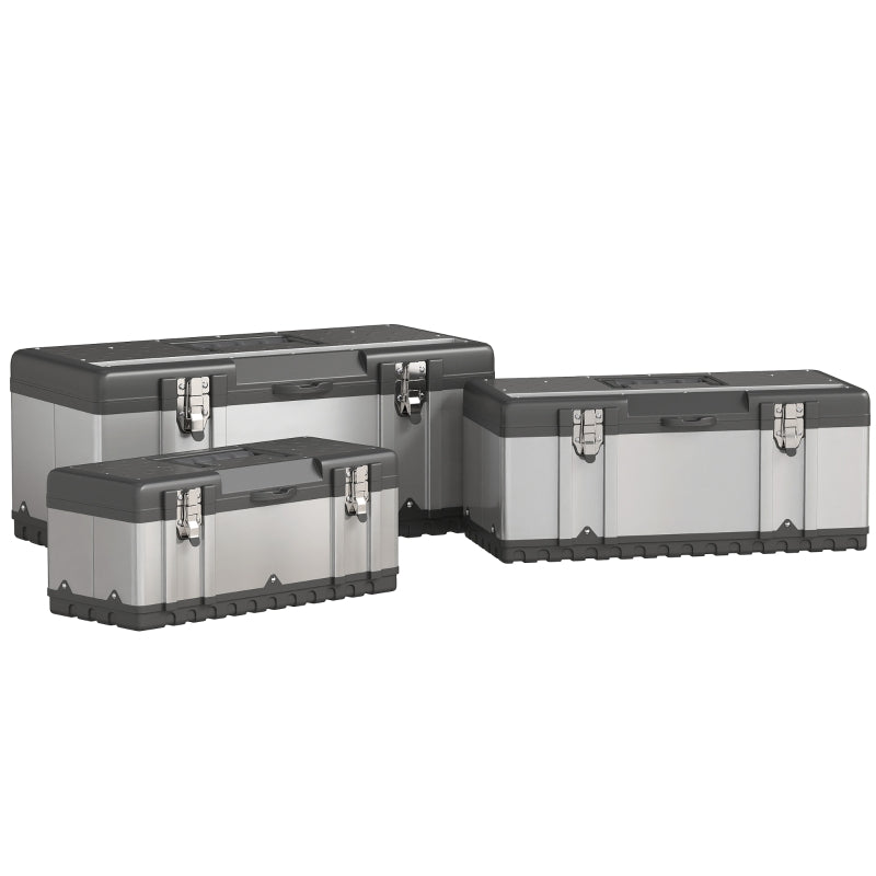 Tool Case, 3 Empty Tool Boxes with Removable Tray, Stainless Steel, Black + Silver