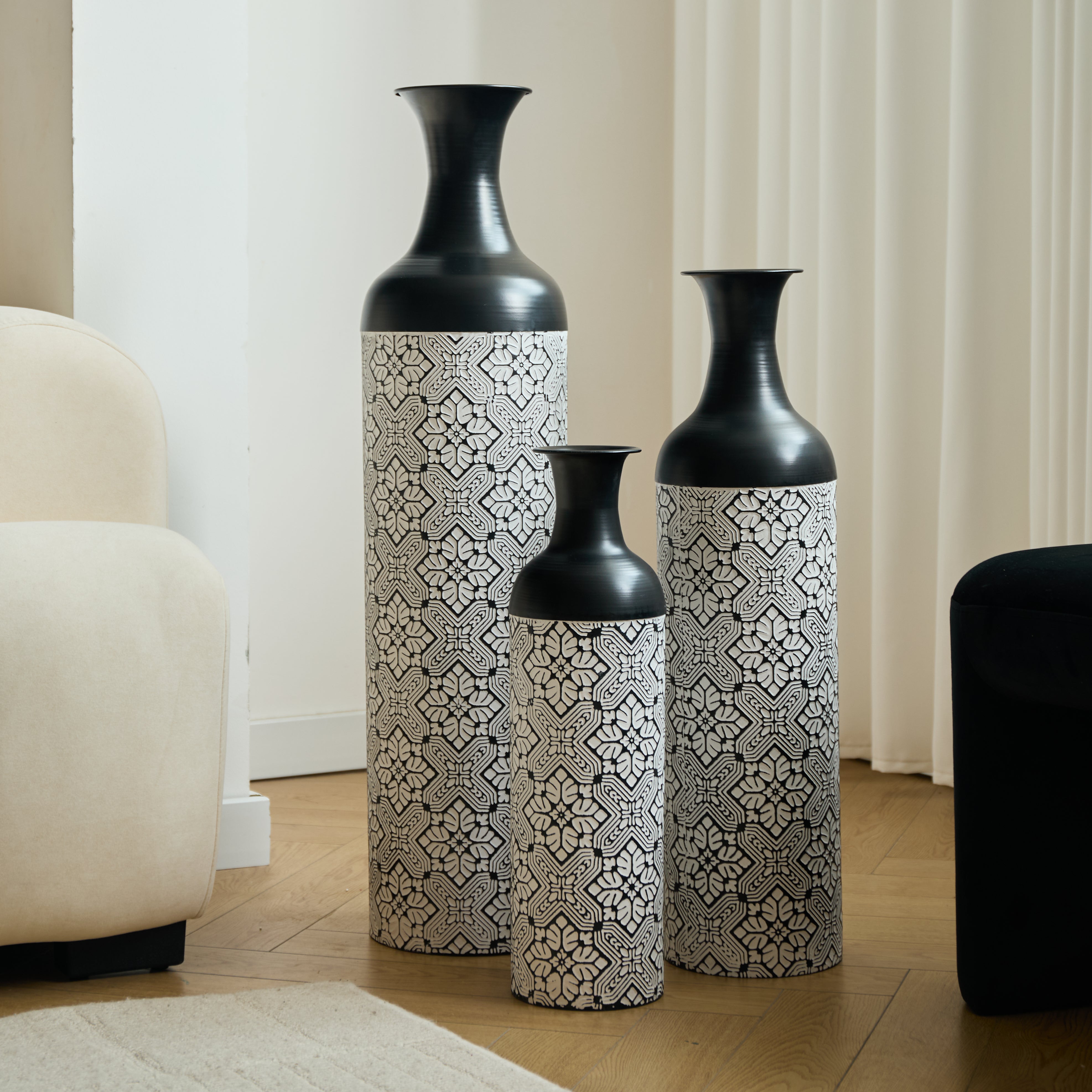 Floor to Ceiling Vase Set, 3-Piece Retro 83/65/50cm Decorative, Black and White Metal
