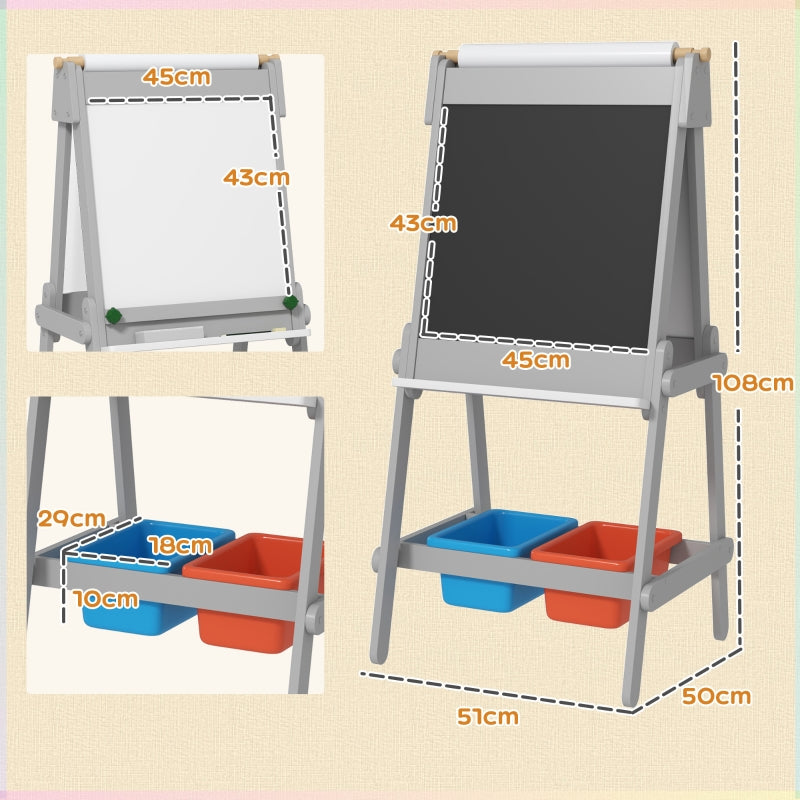 Art Easel for Kids, Double-Sided Chalkboard Whiteboard with Paper Roll, Grey Pine