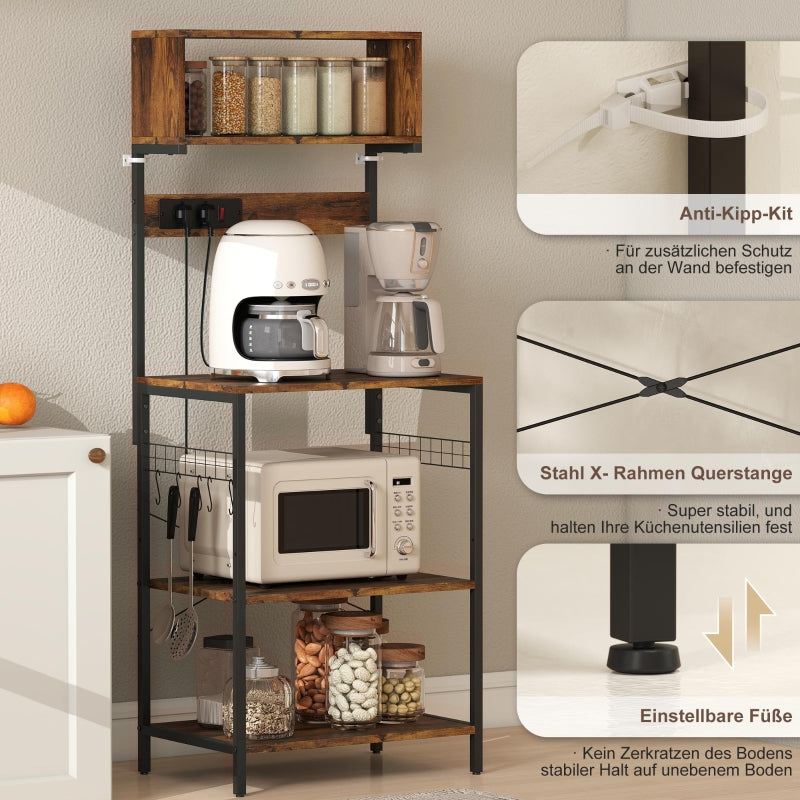 Freestanding Kitchen Shelf 5 Shelves 5 Hooks Power Outlet - Rustic Brown