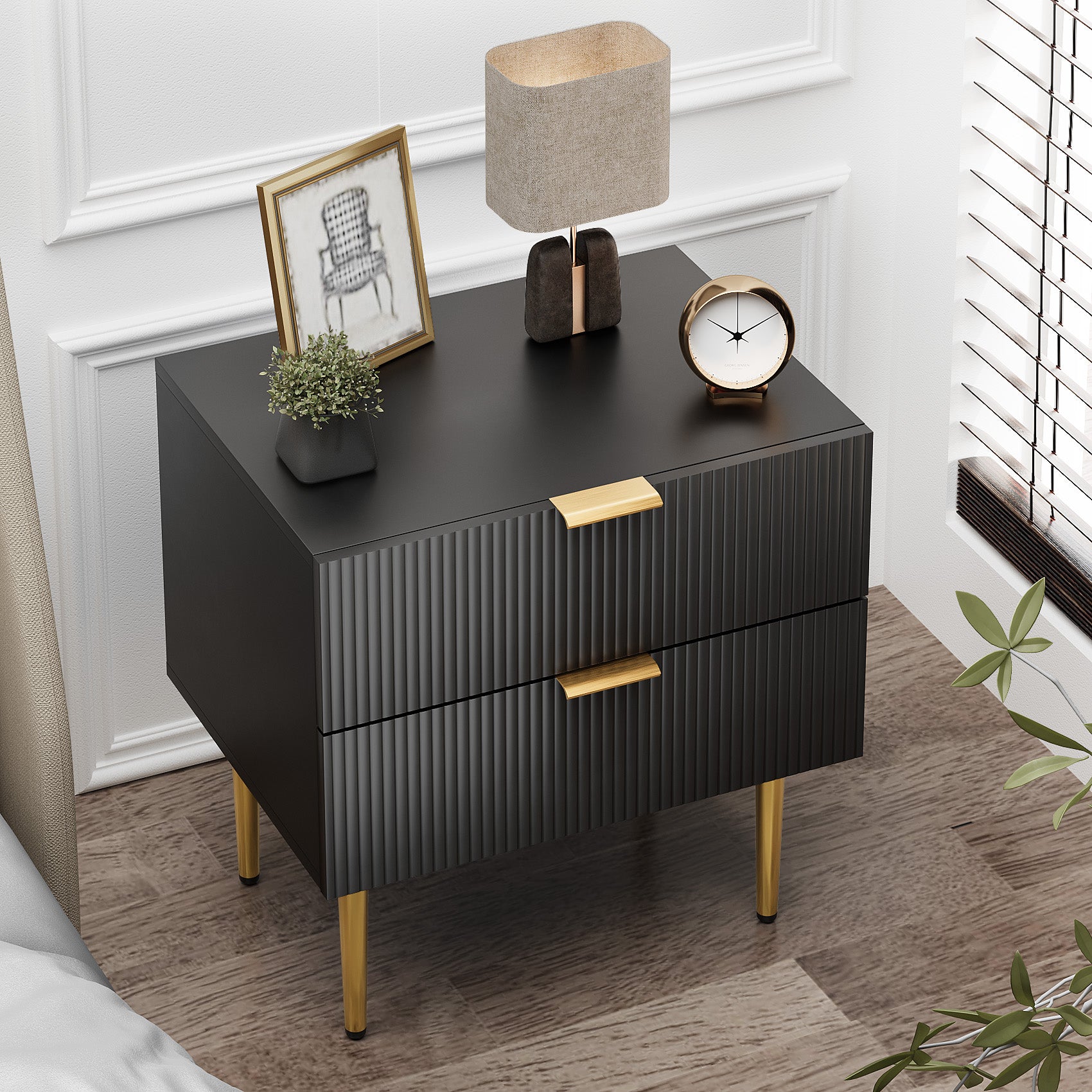 Bedside Table, 2 Drawers, Metal Legs, Black
