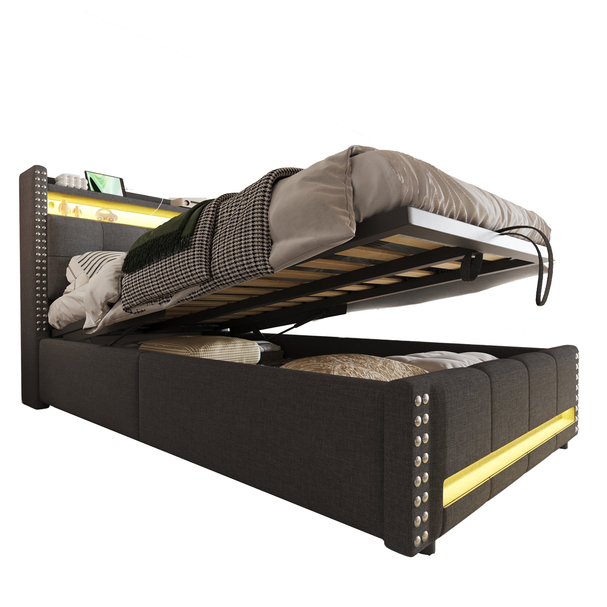 Upholstered Children's Bed 90x200cm, LED & USB, Storage Headboard, Grey Linen