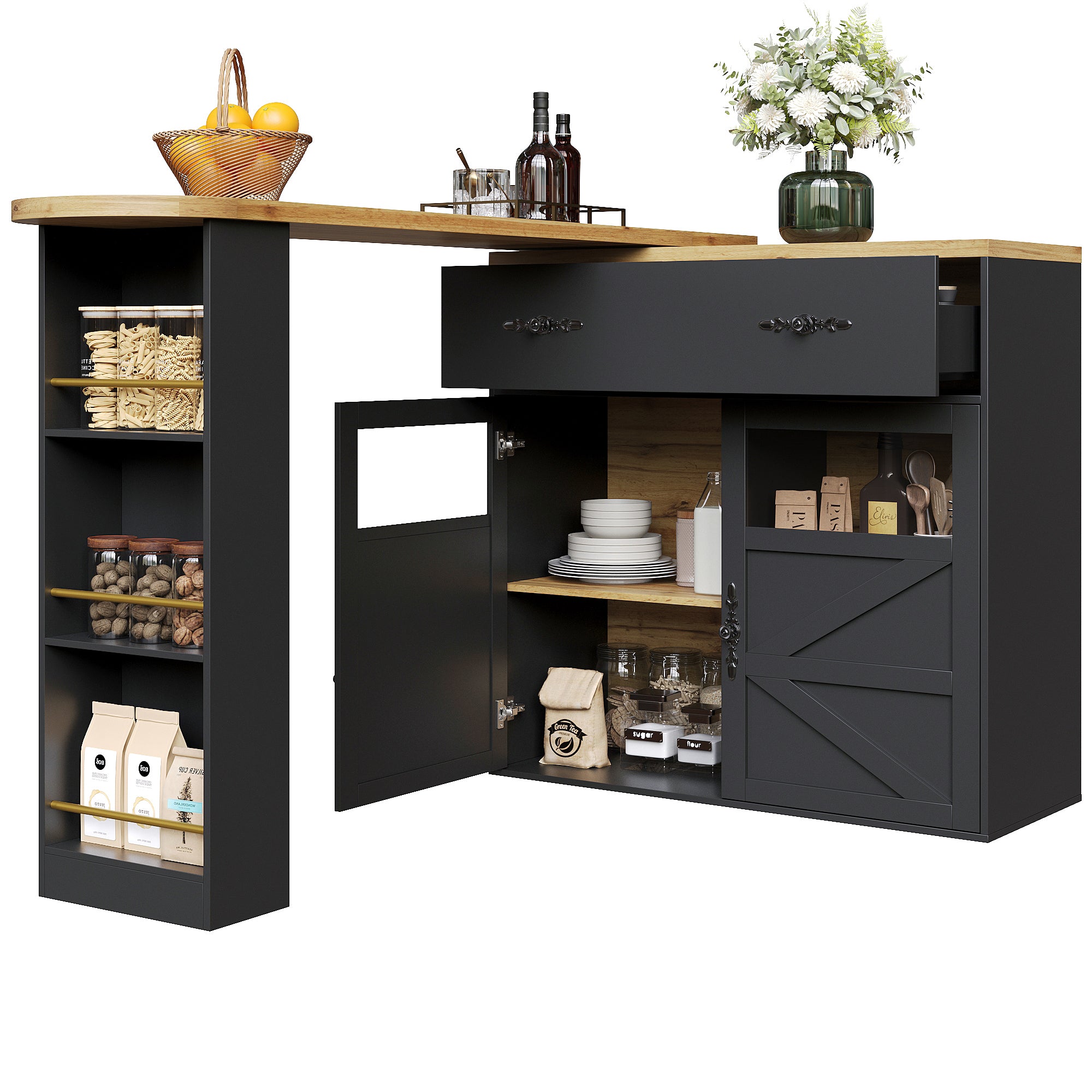 Bar Table Extendable 360° Rotating Storage Sideboard - Black