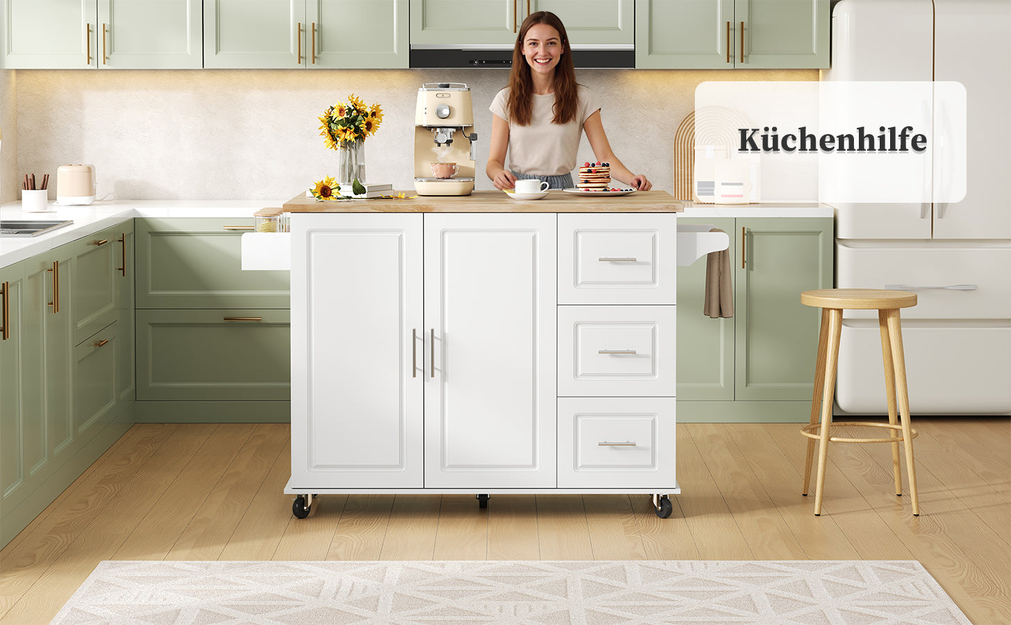 Mobile Kitchen Table with Foldable Oak Worktop and 3 Drawers, Oak and White