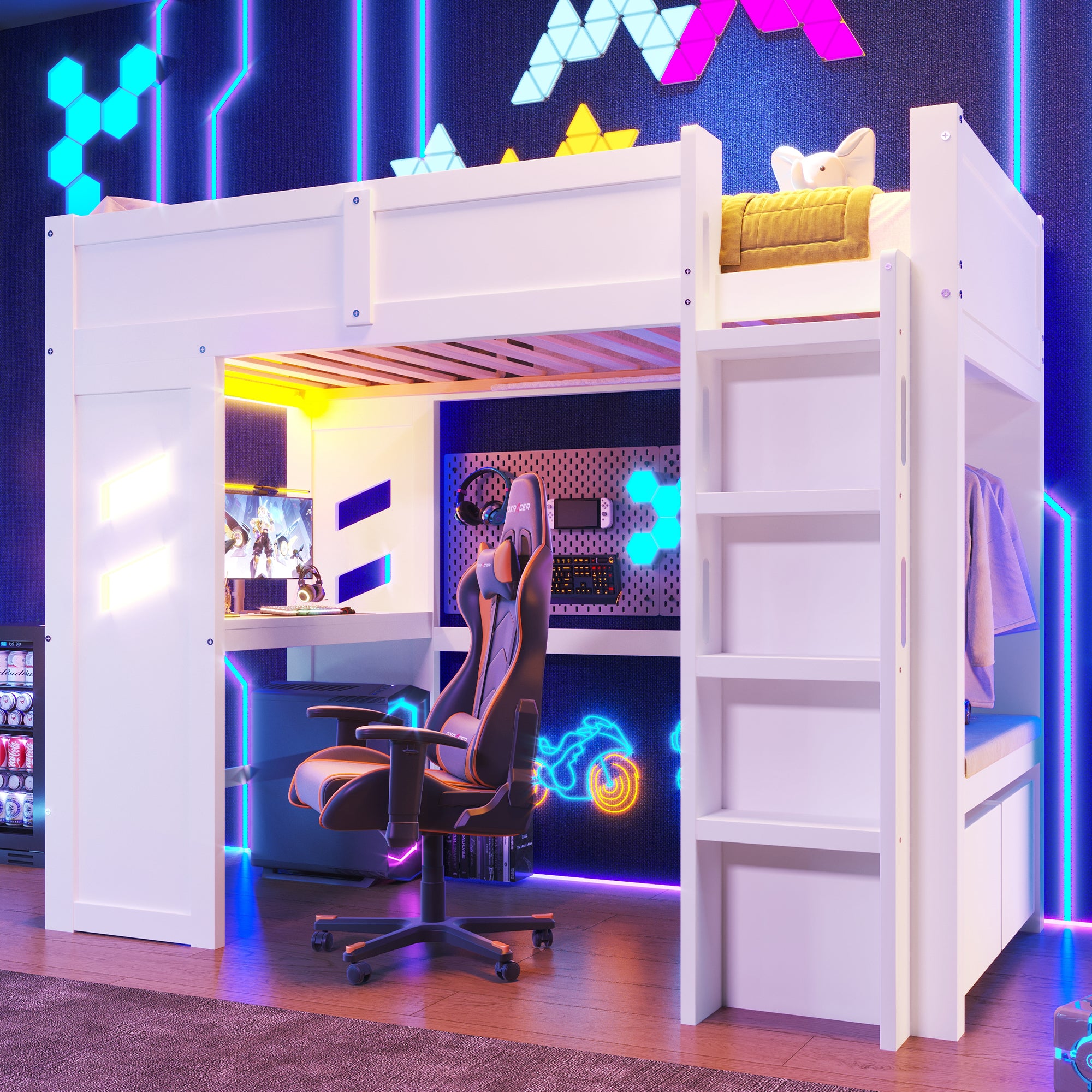 Loft Bed 90x200cm Gaming Desk LED Lights USB/Type-C, White
