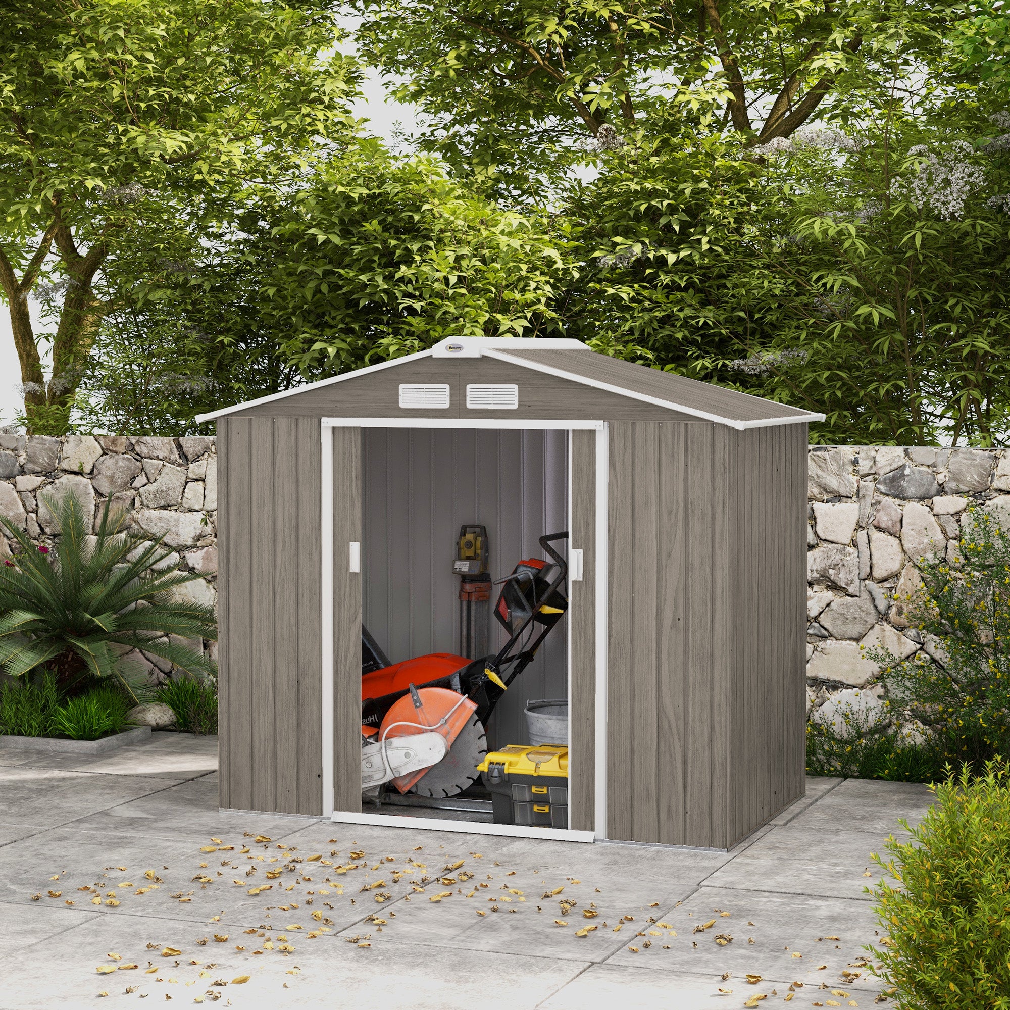 Metal Garden Storage Shed with Vents, Floor Foundation Kit, Lockable Double Doors, Light Brown