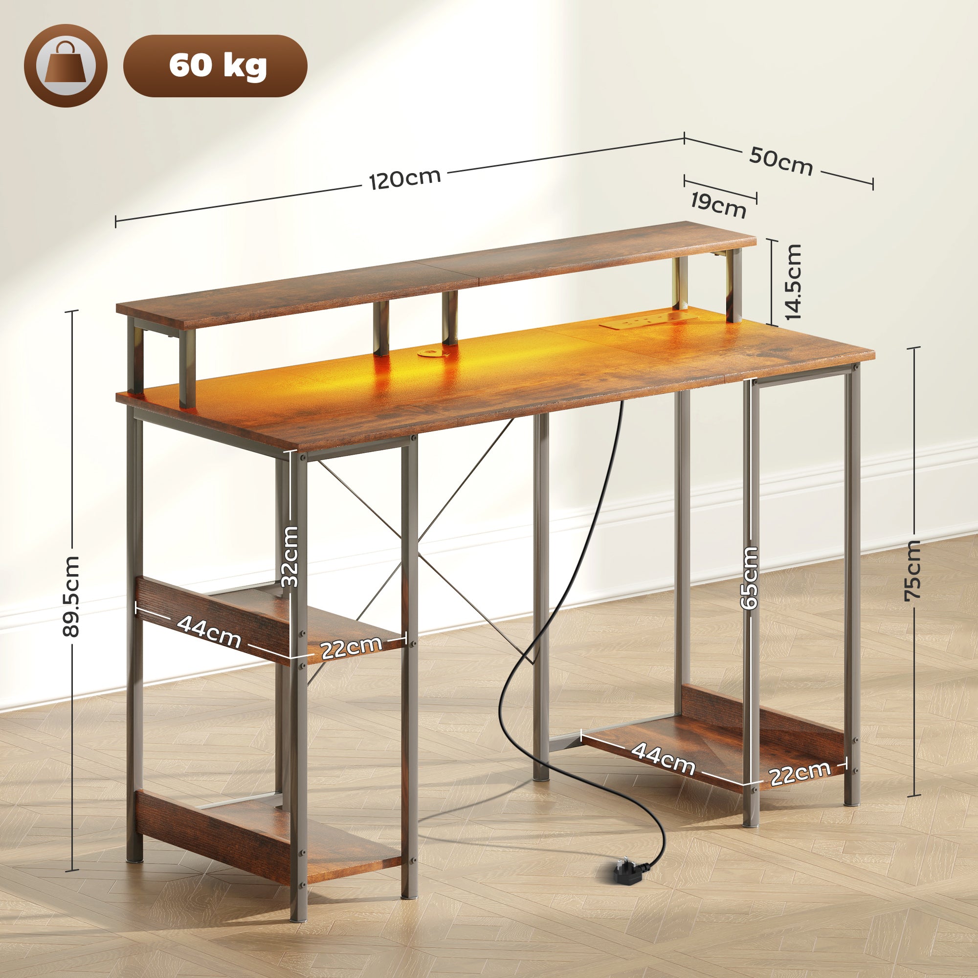 LED Computer Desk with Power Outlets and Shelves - Rustic Brown