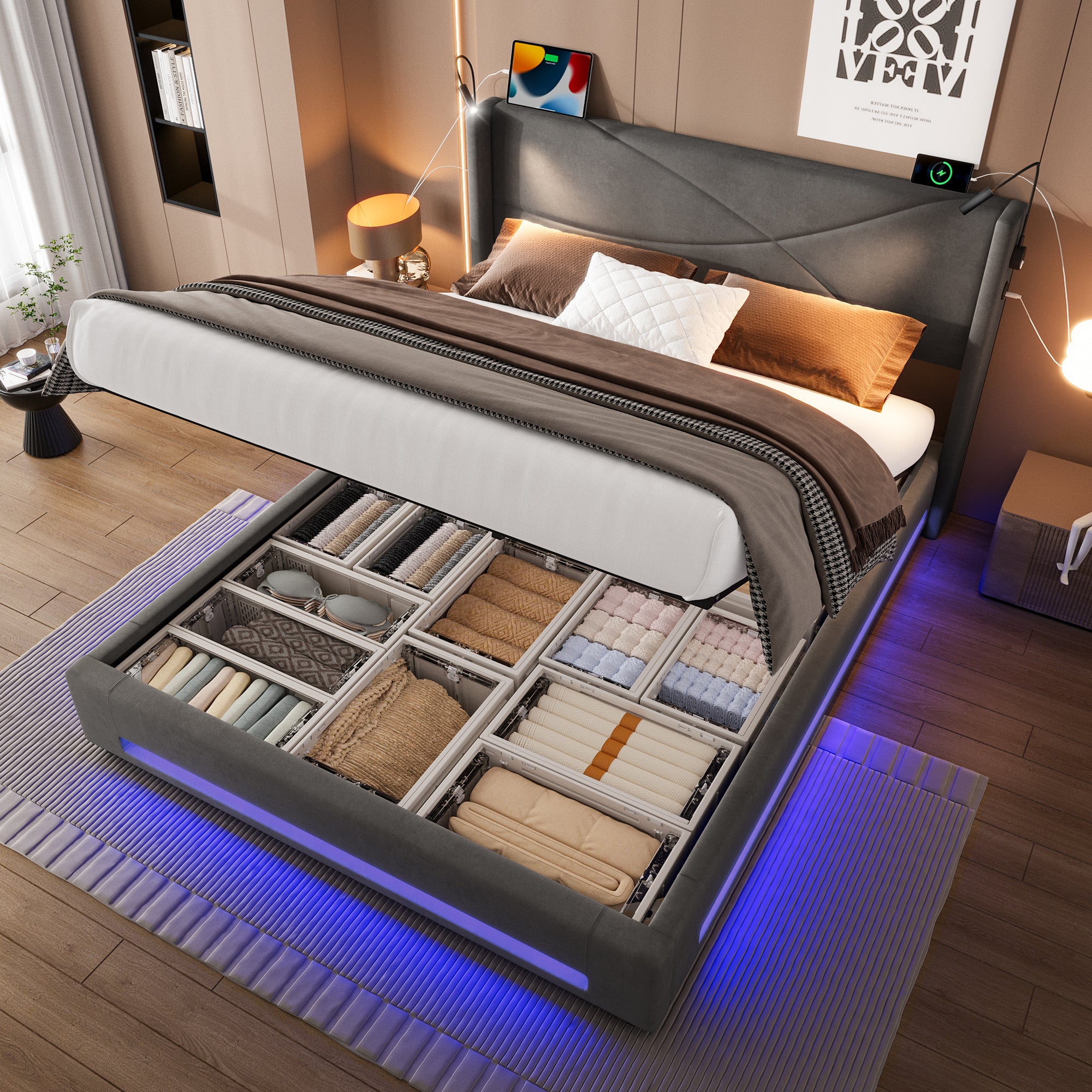 Bed Frame, Modern Design 160x200cm, Hydraulic Storage, LED Lights, USB Ports