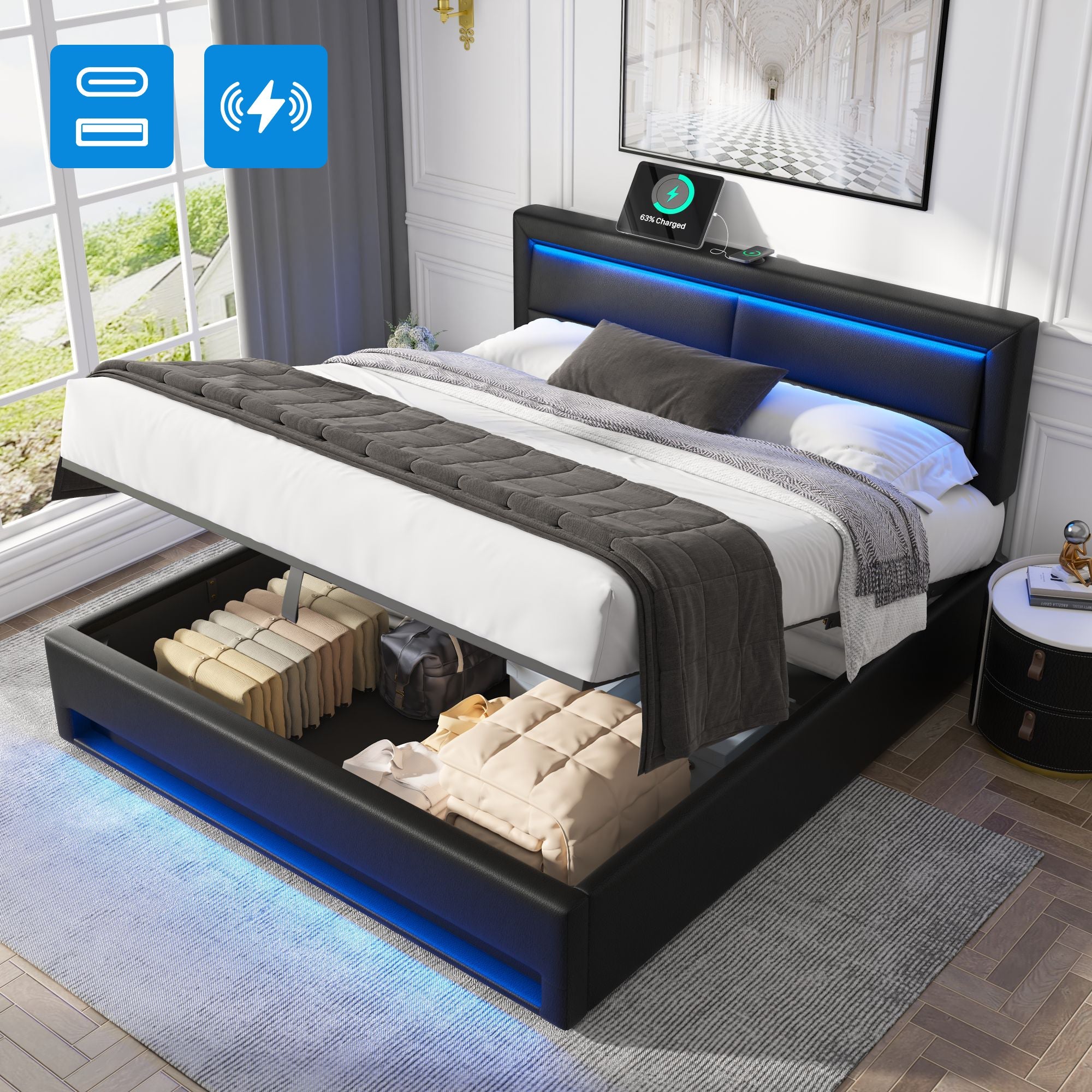 Upholstered Bed 150x200cm King Size, with USB & LED Lighting, Storage, Black PU Leather
