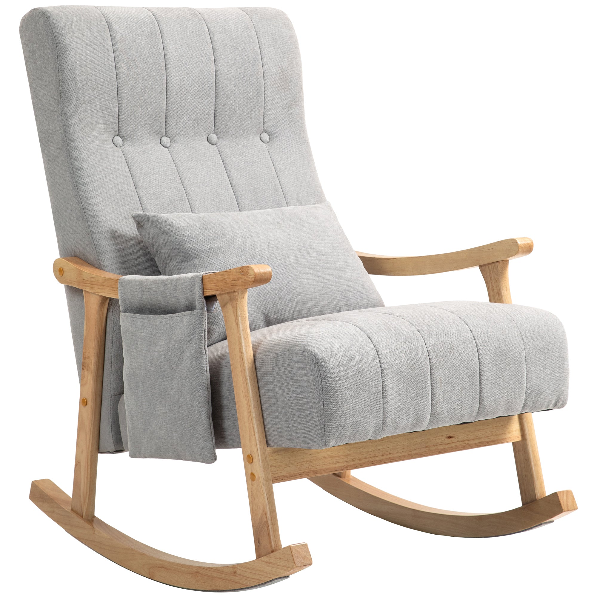 Rocking Chair Upholstered with Lumbar Cushion Side Pocket Wooden Frame, Linen Look Grey