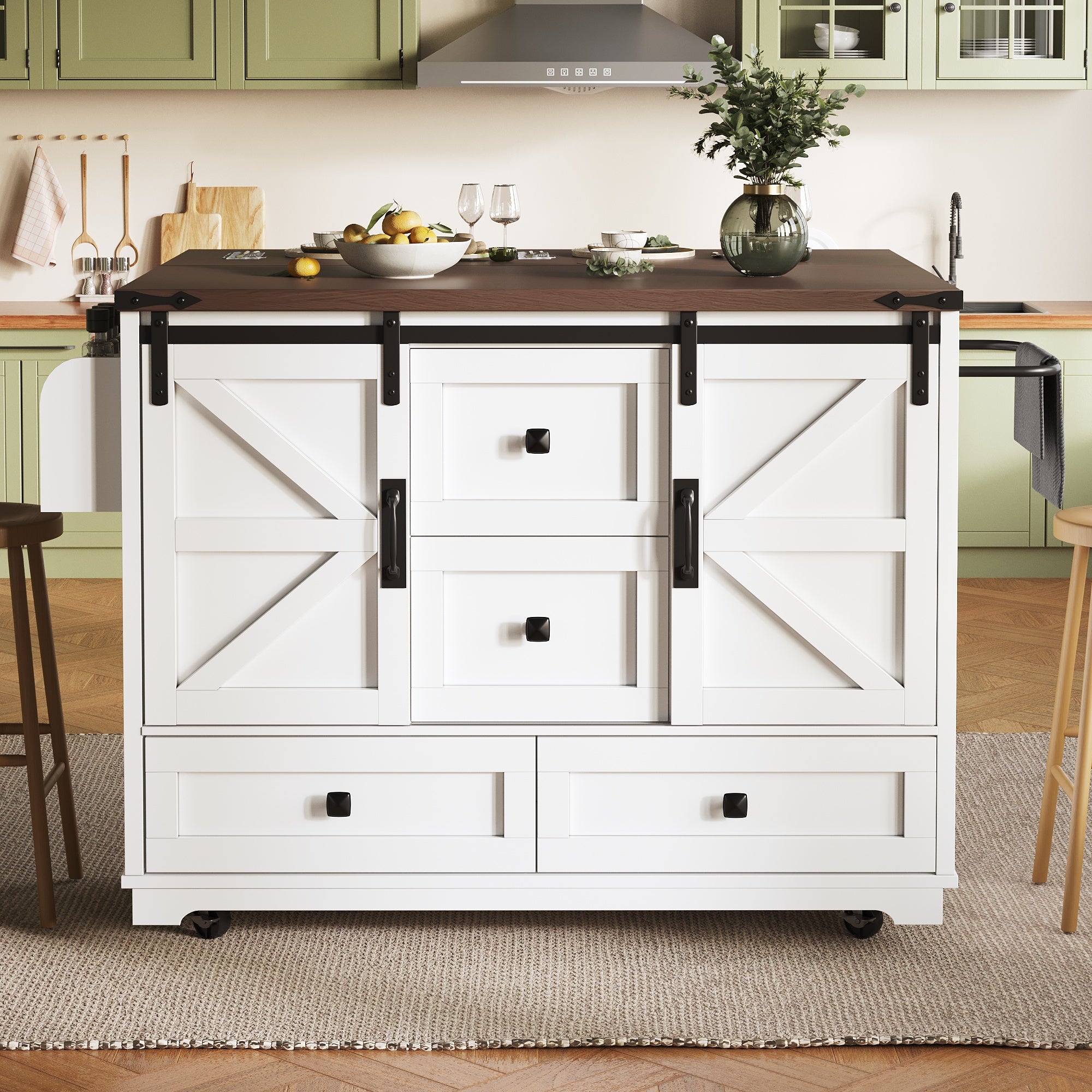 Kitchen Trolley Cart with Folding Table 3 Drawers & 2 Cabinet Doors