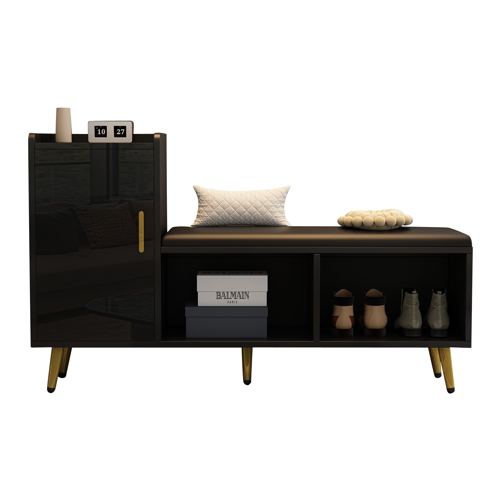 Shoe Cabinet, Multi-tiered Storage with Padded Seat & Gold Accessories, Black High Gloss