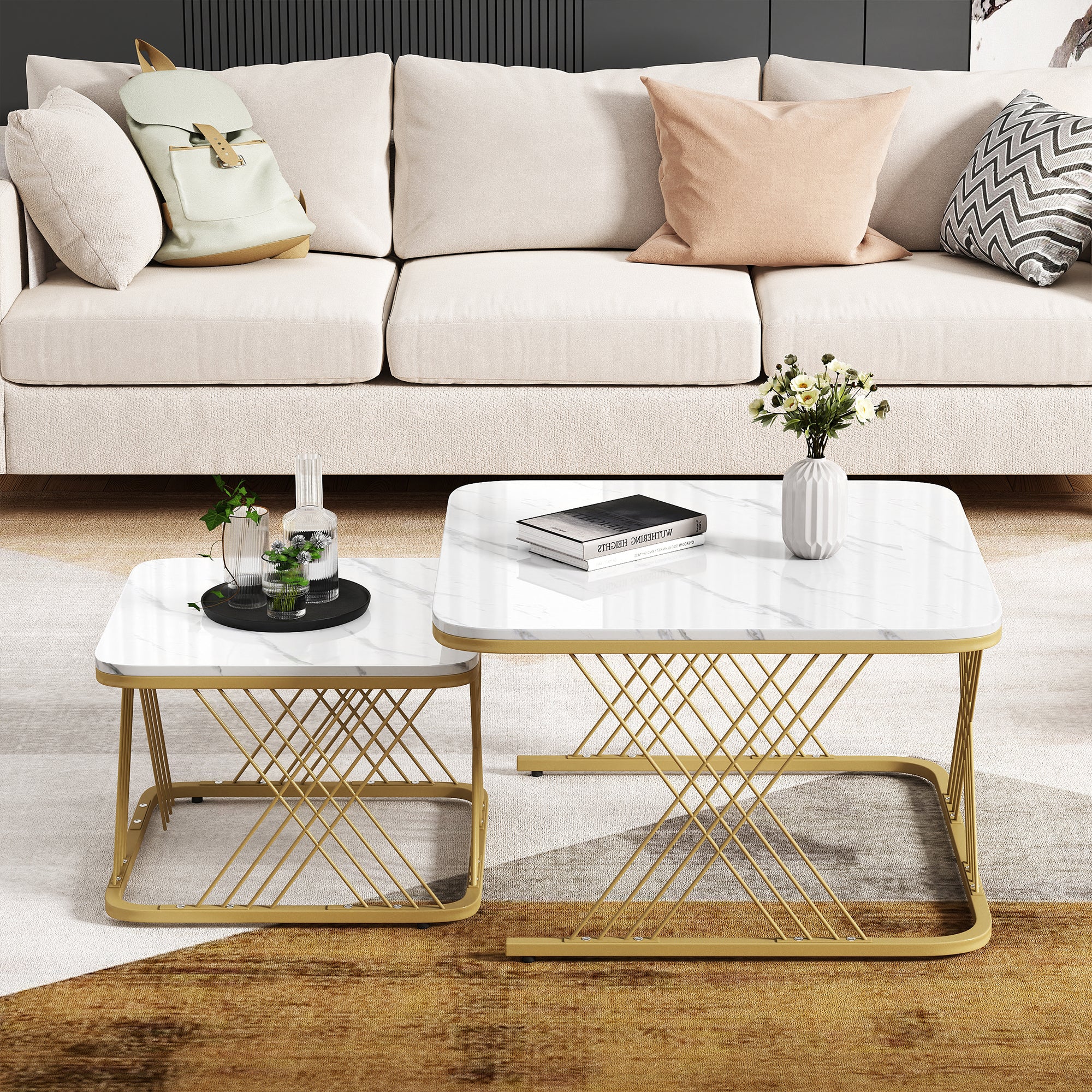 Nest of 2 Tables Coffee Table Set, Gold Metal Frame & Marble Pattern Top, White + Gold