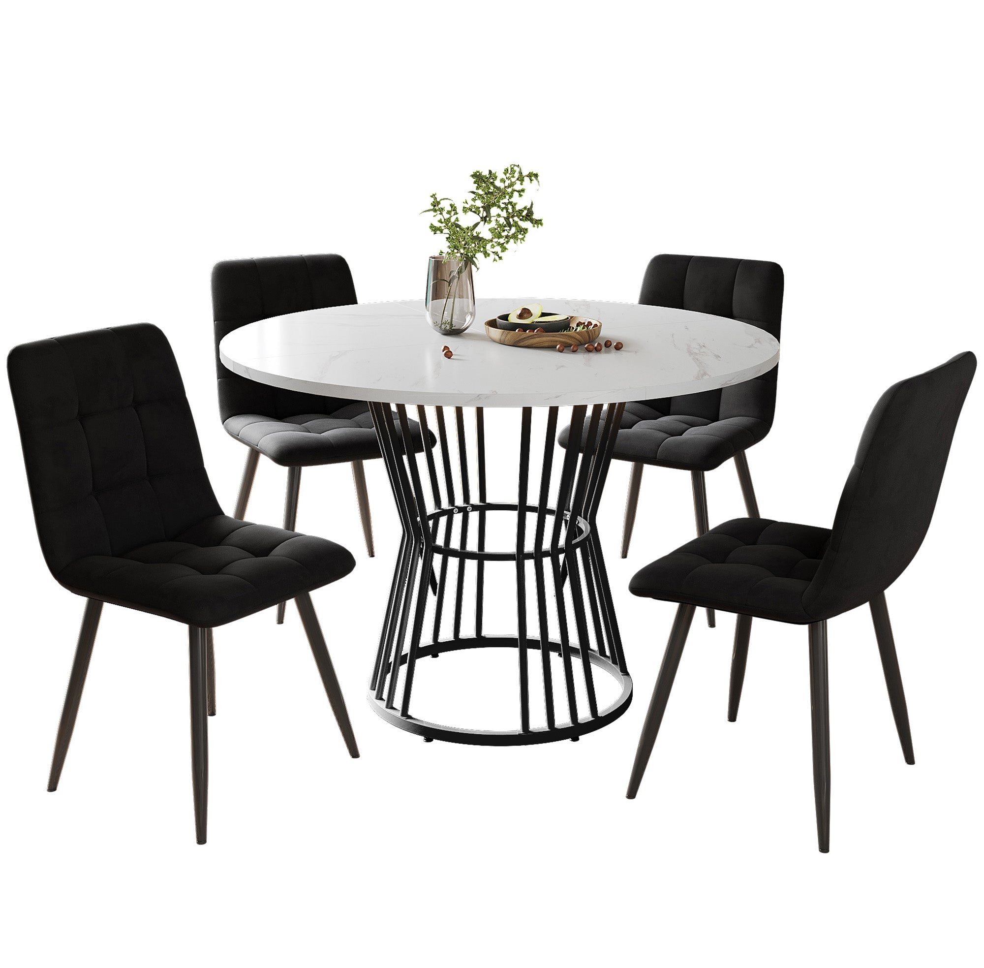 Dining Table Set 5-Piece Round 100cm Velvet Chairs - White/Black
