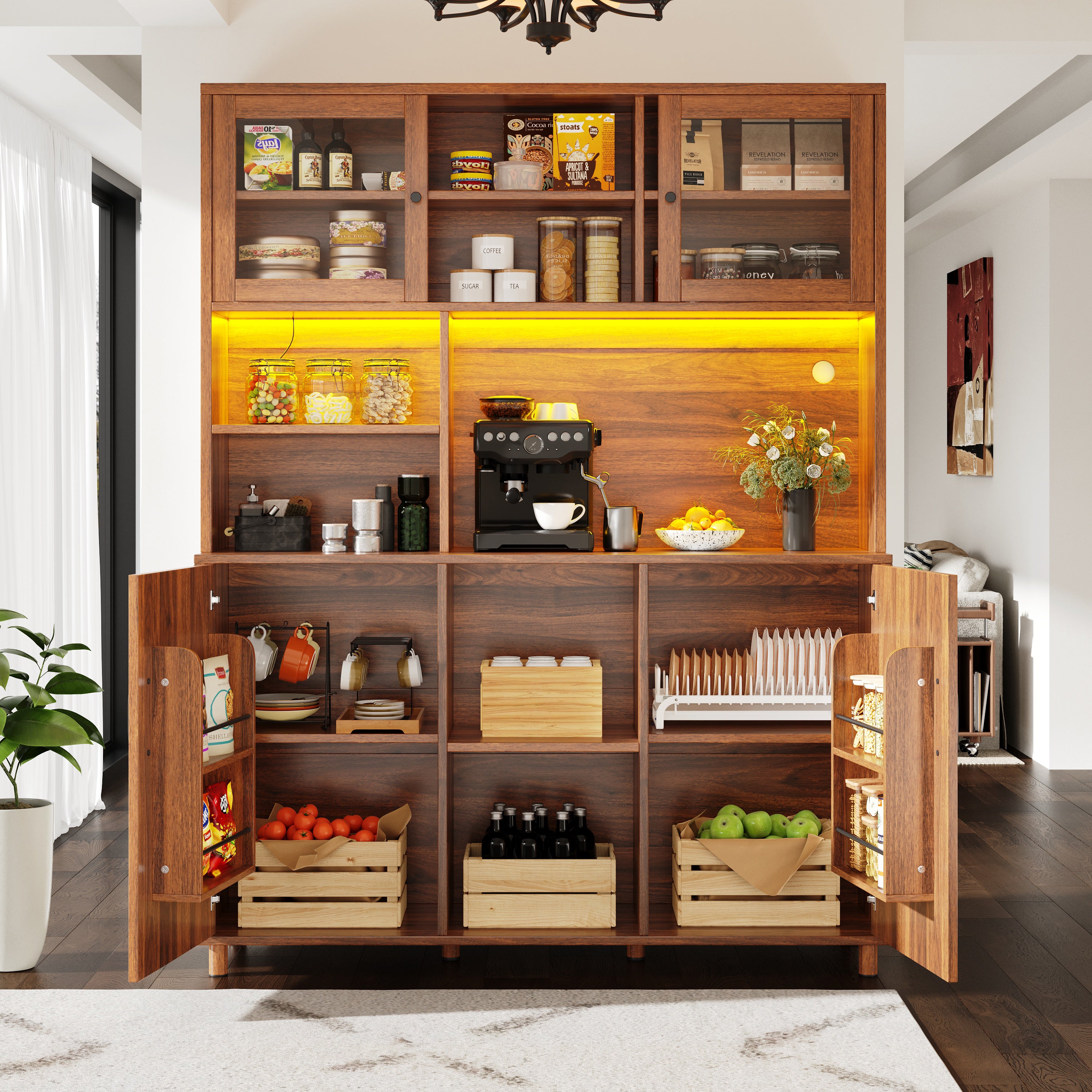 Tall Cabinet with LED Lighting, Snack Shelf, Retro - Walnut