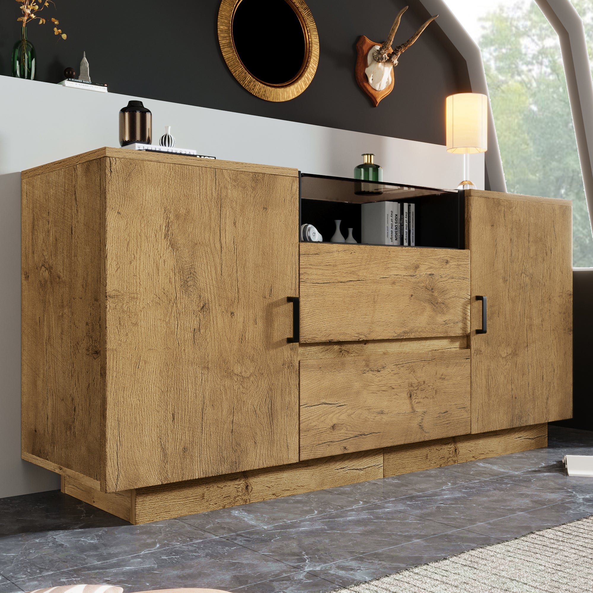 Chest of Drawers Sideboard, 2 Drawers, 2 Cabinets, Open Compartment, Oak-look with Black Handles