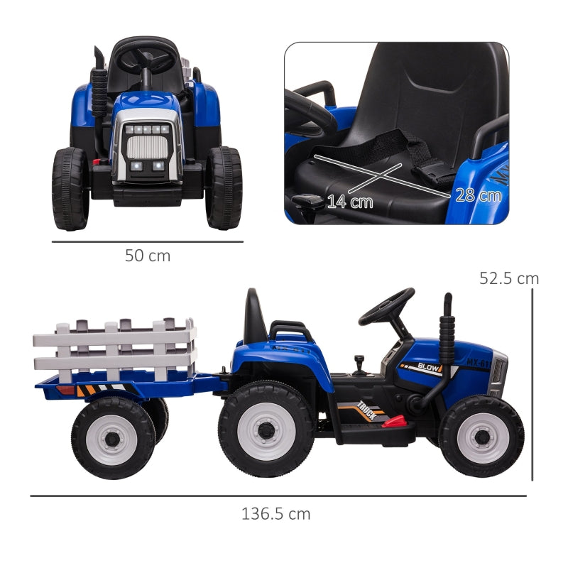 Ride On Tractor, Electric Car with Detachable Trailer & Remote Control - Blue